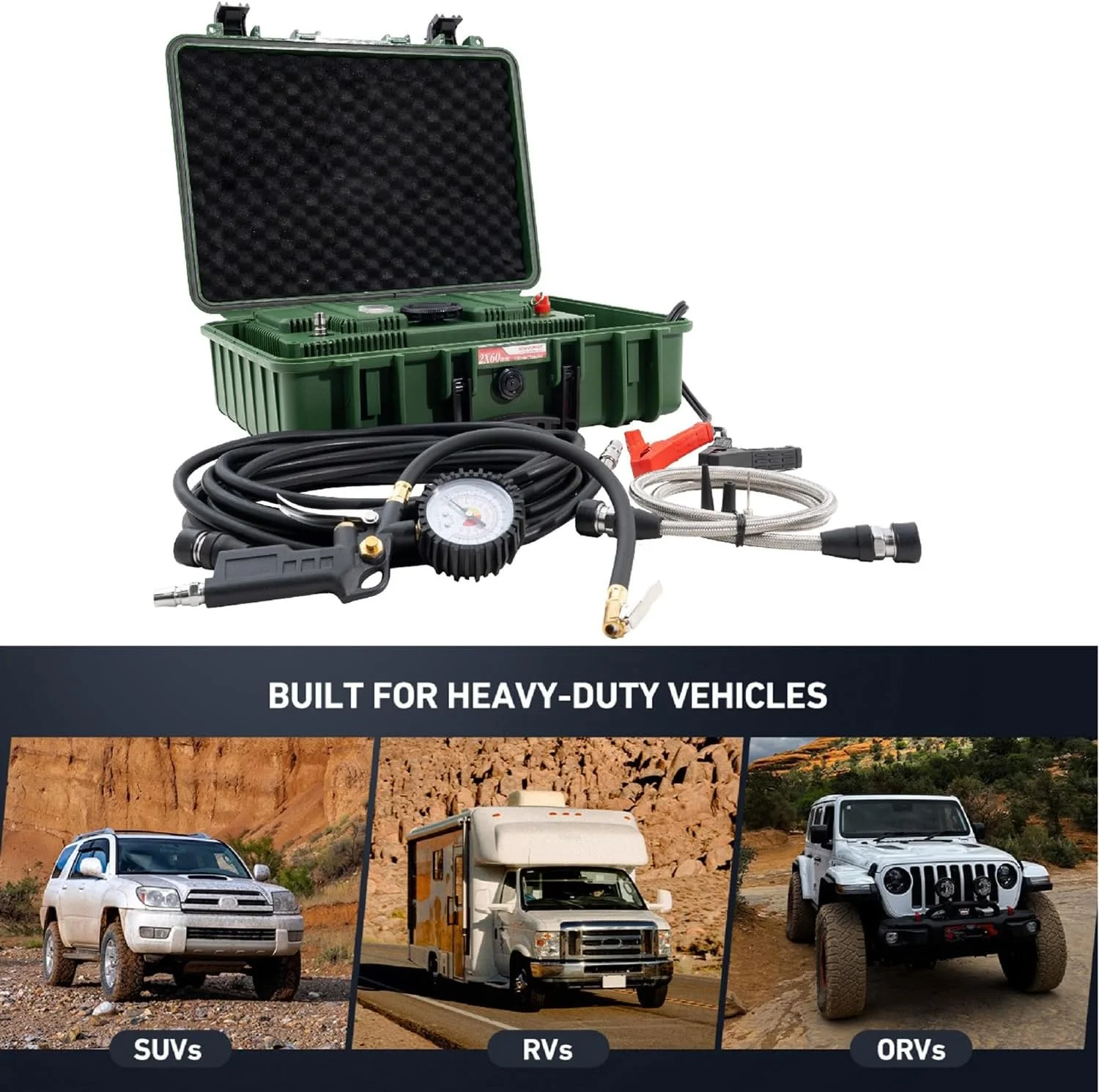 کمپرسور هوای دو سیلندر ROADPOWER فوق العاده قوی برای خودرو، جریان هوای عالی، قابل حمل 180 PSI، آمپر 80A، 12 ولت، مناسب برای خودرو، کامیون، دوچرخه، توپ و سایر وسایل بادی به همراه جعبه حمل