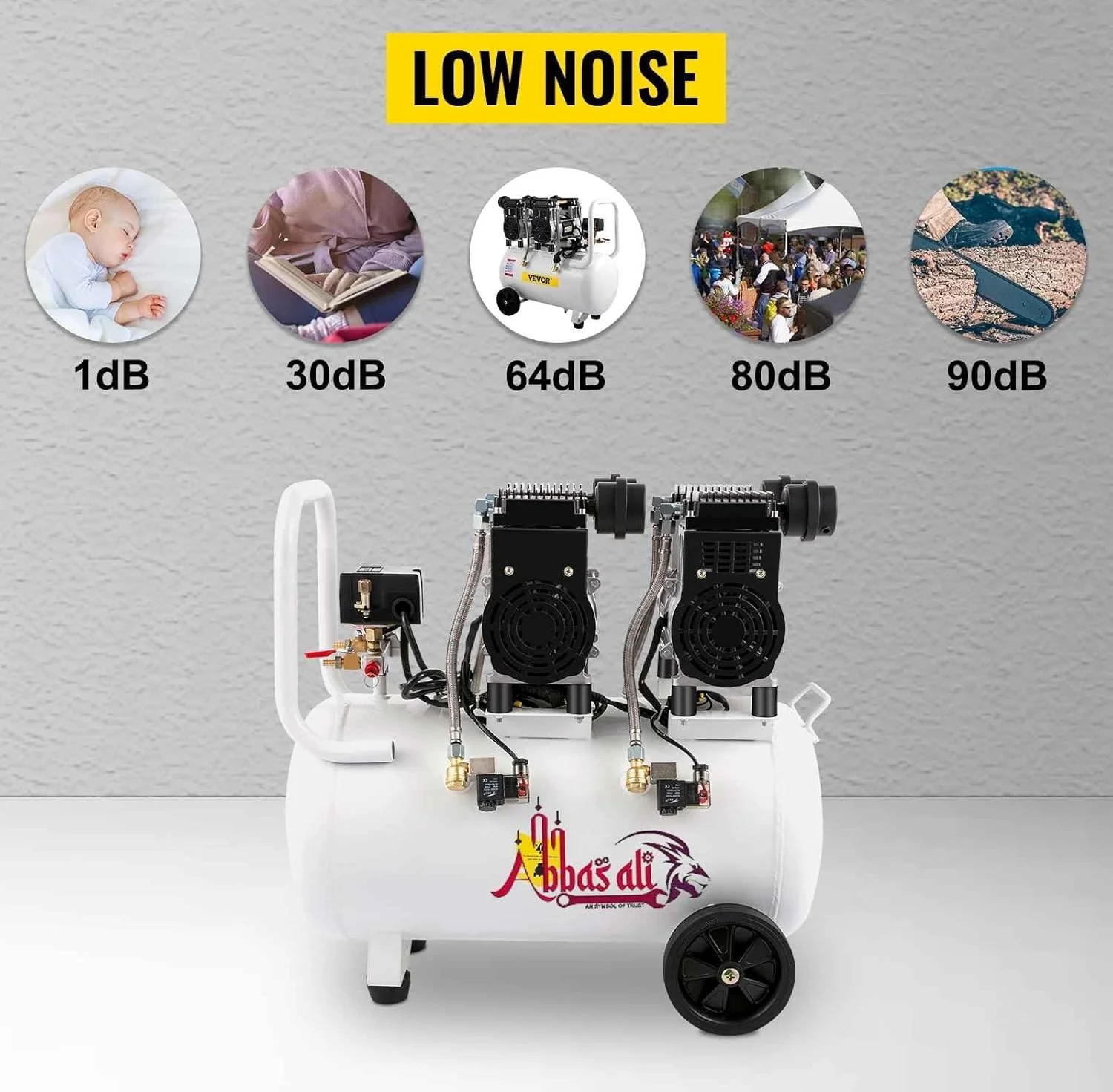 کمپرسور هوای بی صدای بدون روغن عباسعلی مناسب برای تایر، رنگ، گاراژ، کارخانه و غیره با شلنگ 10 متری، تفنگ تمیز کننده هوا و تفنگ شستشوی بنزینی دیزلی (50 لیتری تک سر)