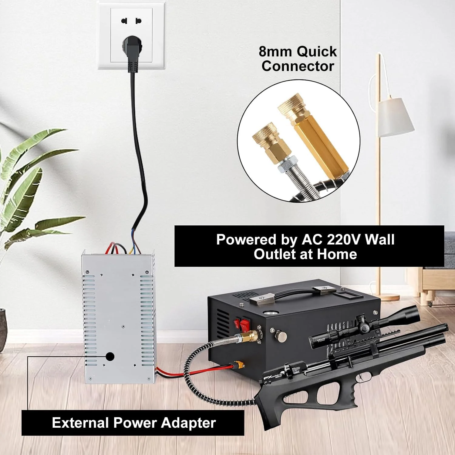 کمپرسور هوای قابل حمل پی سی پی HOOMFIT، پمپ کمپرسور پی سی پی 4500Psi/30Mpa، خنک کننده بدون روغن و آب، فن خنک کننده داخلی، منبع تغذیه دوگانه 12 ولت DC/220 ولت AC