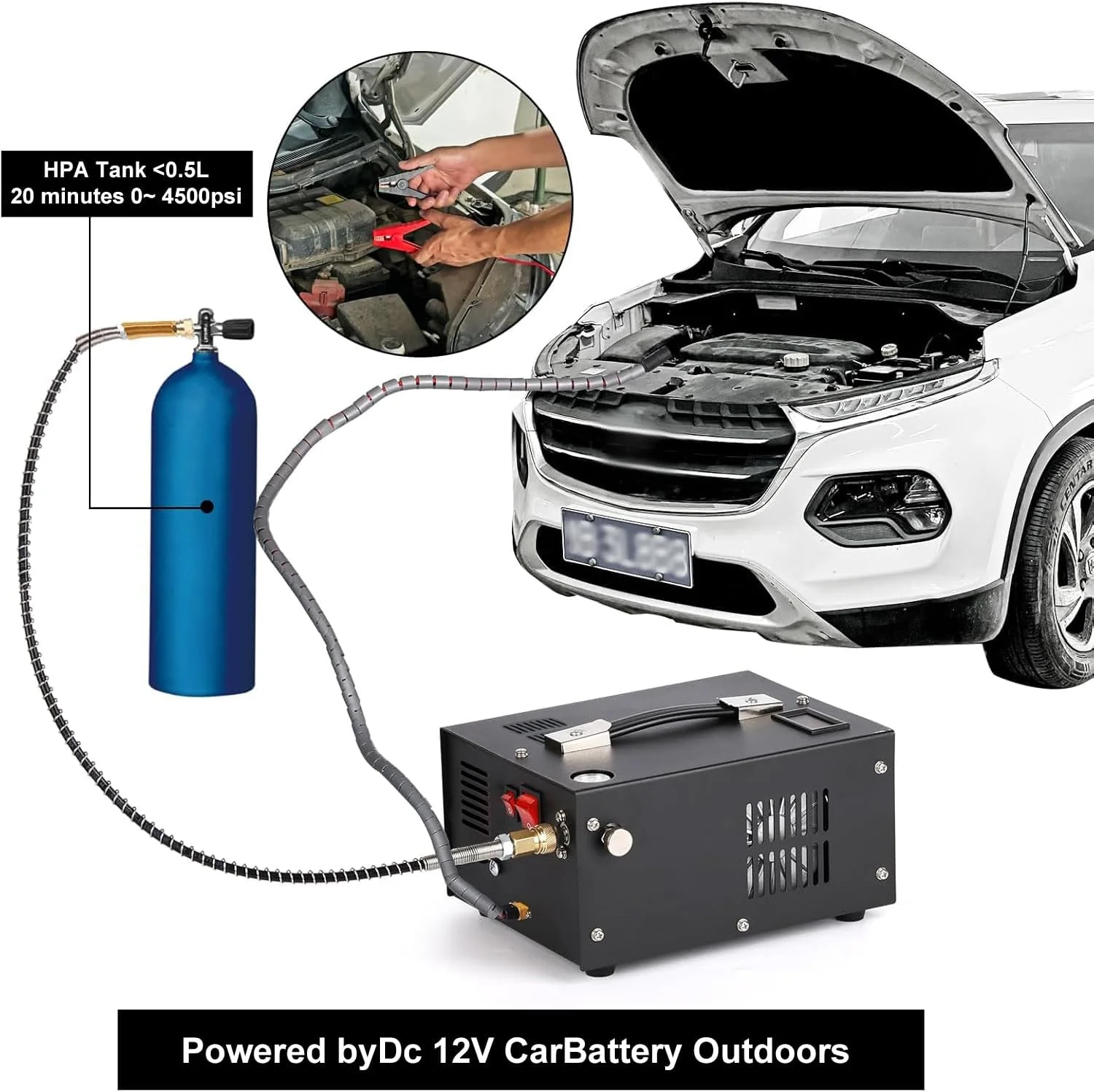 کمپرسور هوای قابل حمل پی سی پی HOOMFIT، پمپ کمپرسور پی سی پی 4500Psi/30Mpa، خنک کننده بدون روغن و آب، فن خنک کننده داخلی، منبع تغذیه دوگانه 12 ولت DC/220 ولت AC