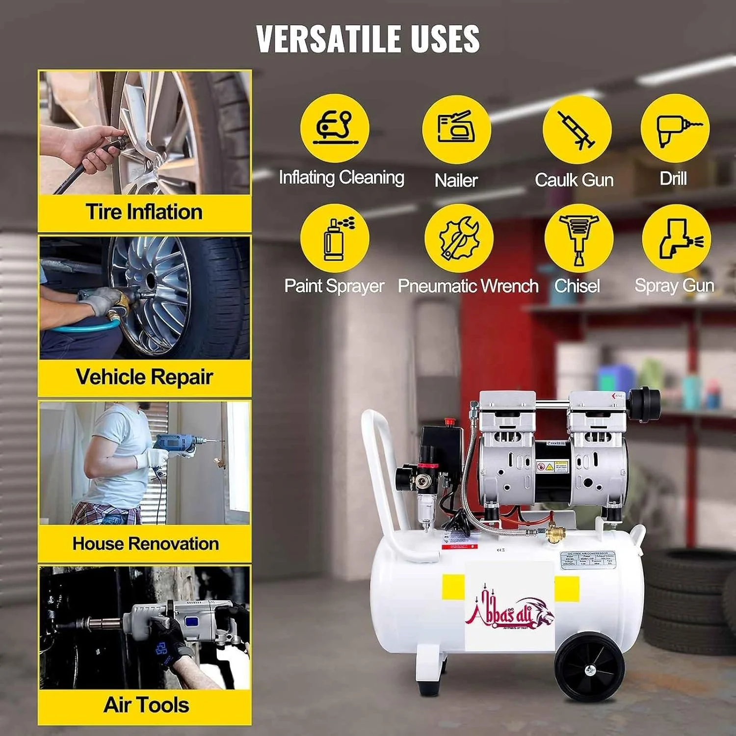 کمپرسور هوای بی صدای بدون روغن عباسعلی مناسب برای تایر، رنگ، گاراژ، کارخانه و غیره با شلنگ 10 متری، تفنگ تمیز کننده هوا و تفنگ شستشوی بنزینی دیزلی (50 لیتری تک سر)