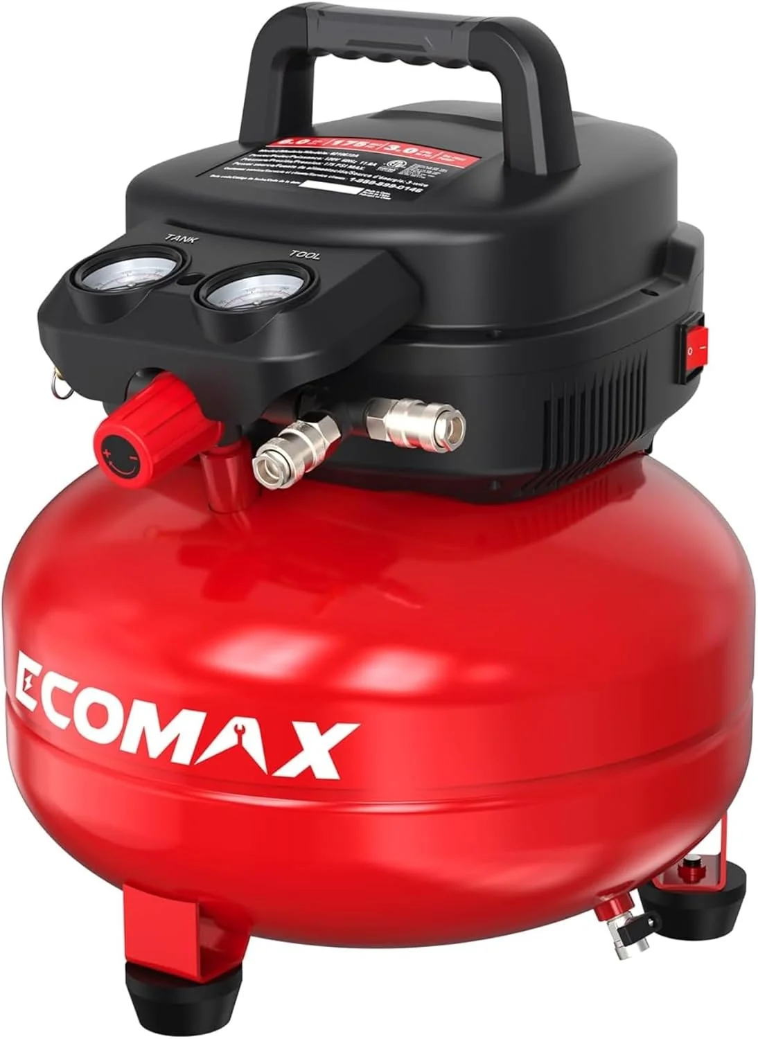 کمپرسور هوای بدون روغن ۲۳ لیتری Ecomax | موتور ۱۴۰۰ واتی UMC، فشار ۸-۱۰ بار، جریان هوای ۸۹ لیتر در دقیقه، مخزن پنکیکی | طراحی کم صدا و بدون نیاز به نگهداری