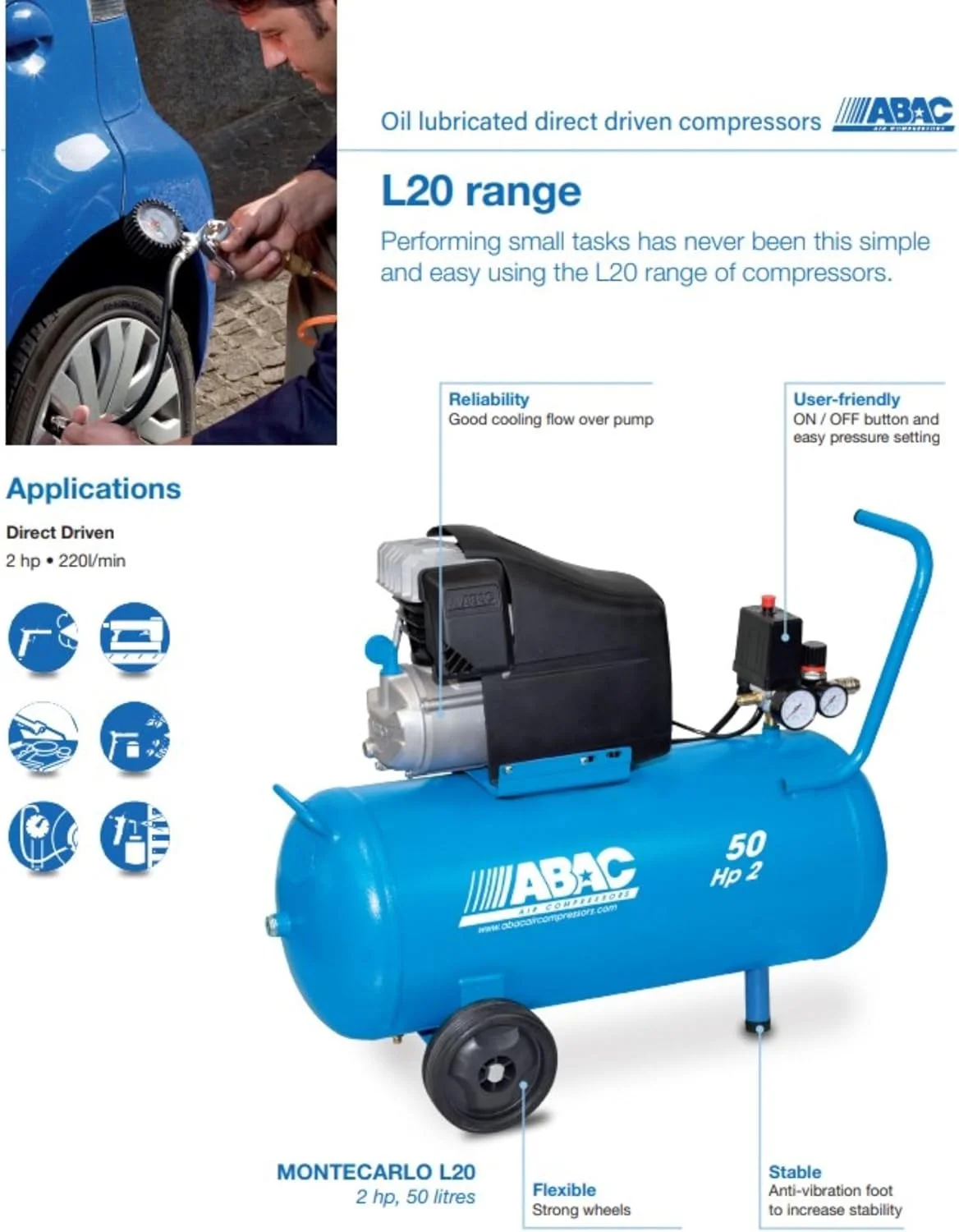 کمپرسور هوا ABAC، مخزن هوای 50 لیتری، درایو مستقیم، گیج های فشار دوبل، حداکثر فشار 10 بار، چرخ های حمل و نقل، تزریق روغن، توان 2 اسب بخار، Montecarlo L20