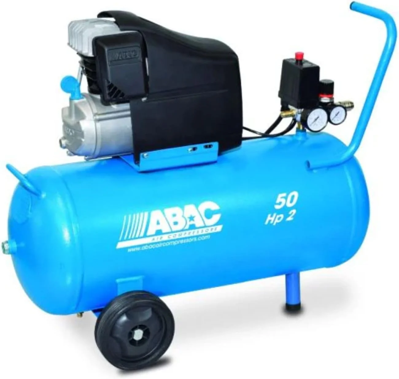 کمپرسور هوا ABAC، مخزن هوای 50 لیتری، درایو مستقیم، گیج های فشار دوبل، حداکثر فشار 10 بار، چرخ های حمل و نقل، تزریق روغن، توان 2 اسب بخار، Montecarlo L20