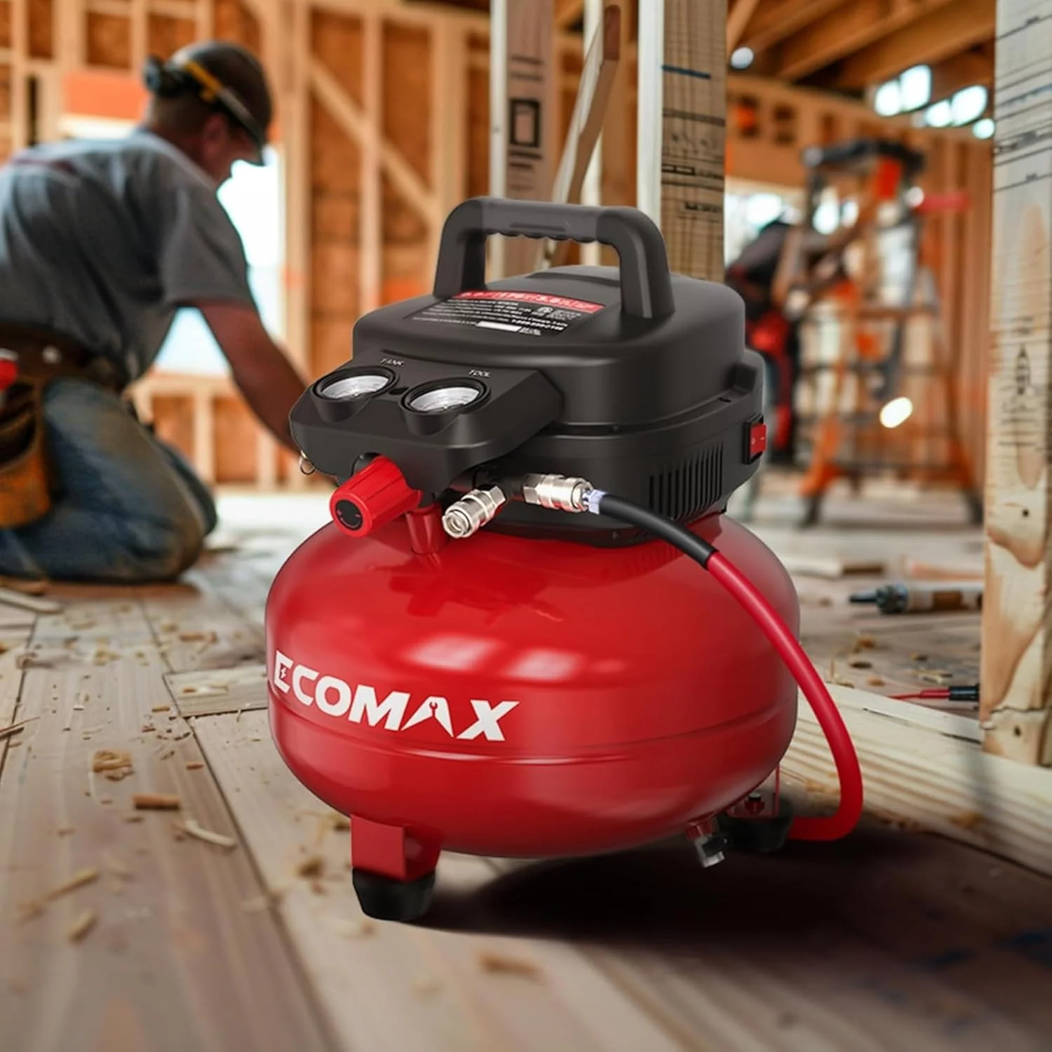 کمپرسور هوای بدون روغن ۲۳ لیتری Ecomax | موتور ۱۴۰۰ واتی UMC، فشار ۸-۱۰ بار، جریان هوای ۸۹ لیتر در دقیقه، مخزن پنکیکی | طراحی کم صدا و بدون نیاز به نگهداری