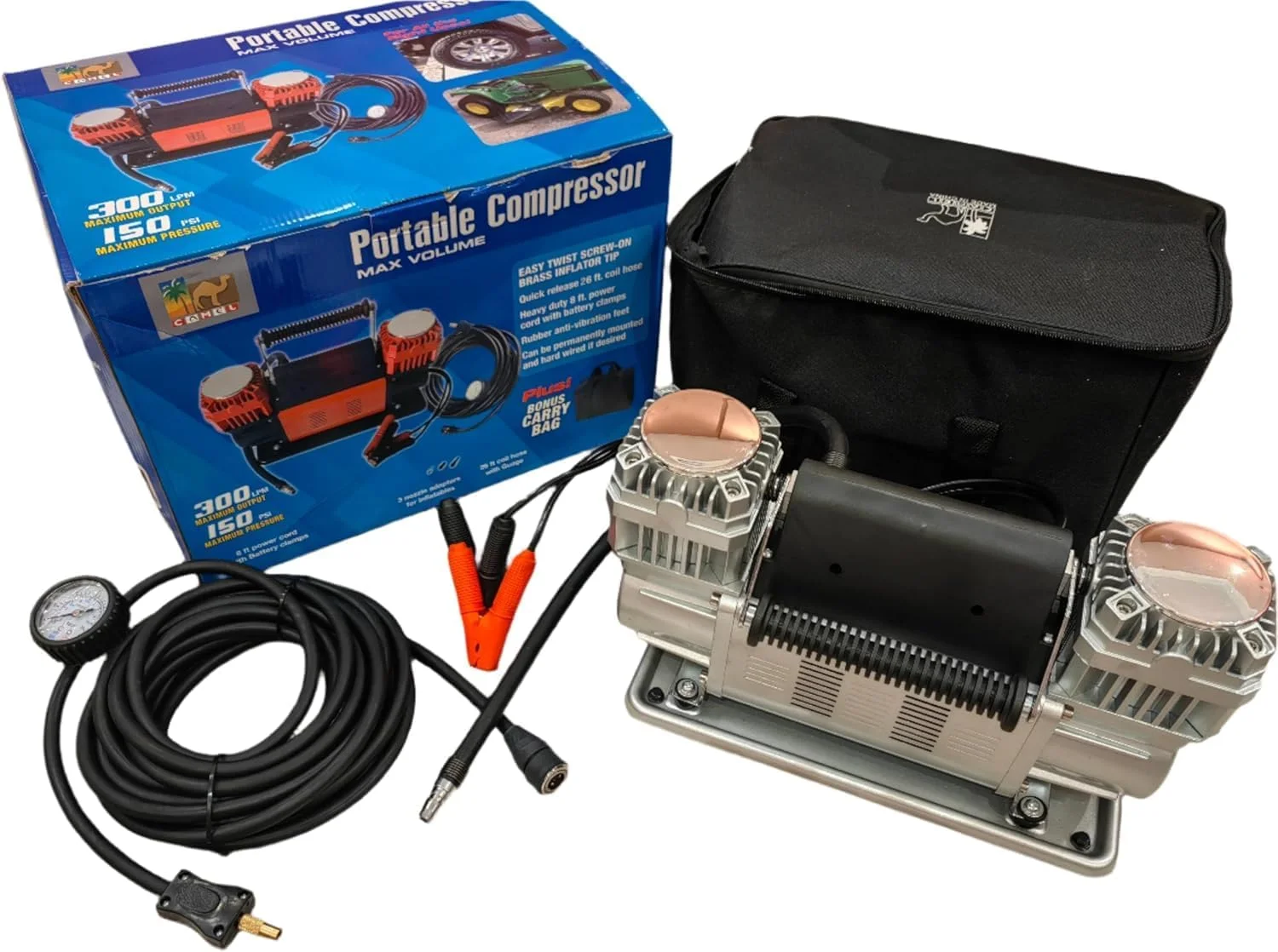 کمپرسور هوای قابل حمل دو سیلندر CAMEL - 150 PSI، 300 لیتر در دقیقه، 1 عدد، سنگین، قدرت تورم با کارایی بالا، کیت لوازم جانبی برای تعمیر تایر، ابزار ساختمانی 11100060