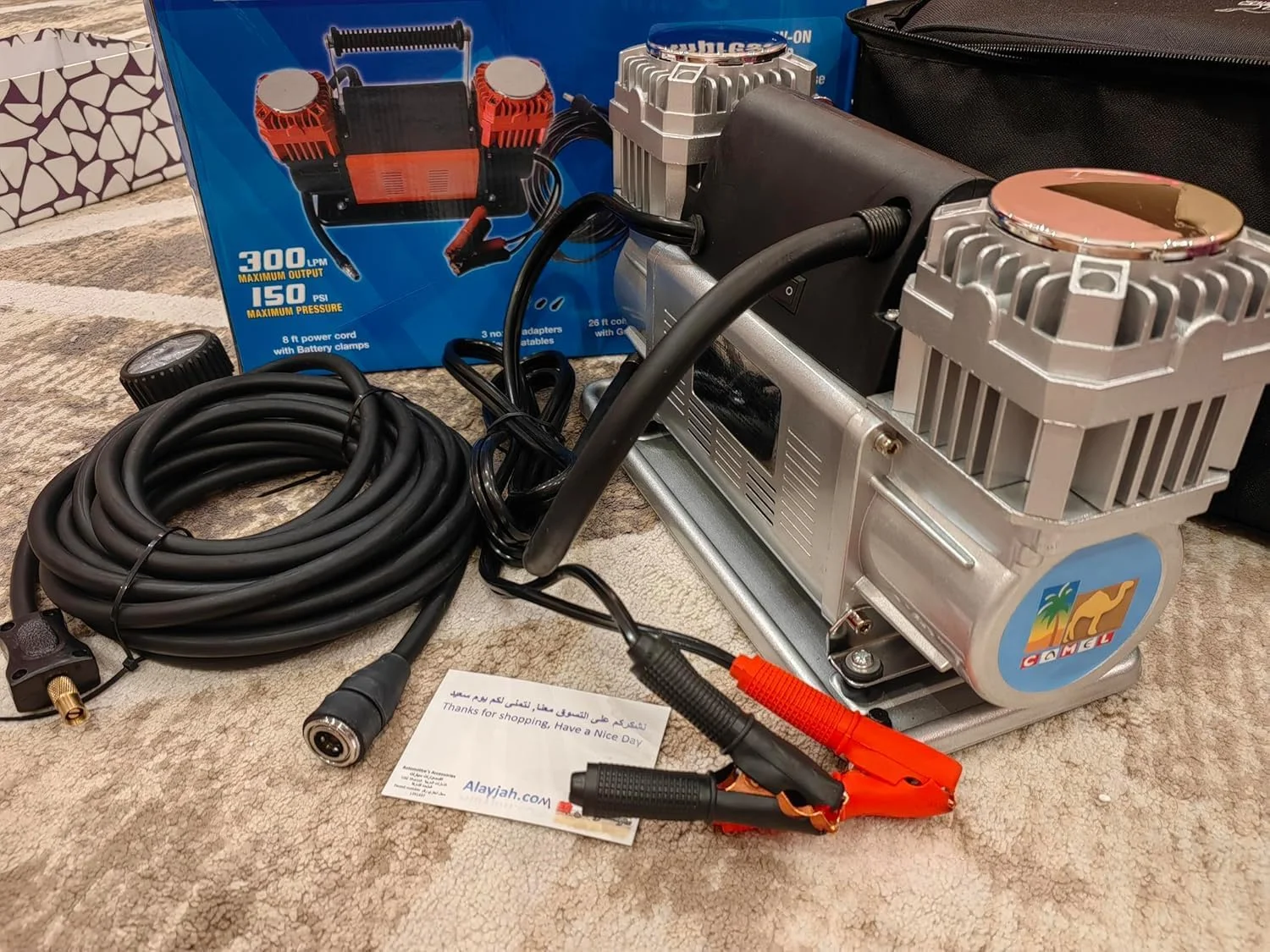 کمپرسور هوای قابل حمل دو سیلندر CAMEL - 150 PSI، 300 لیتر در دقیقه، 1 عدد، سنگین، قدرت تورم با کارایی بالا، کیت لوازم جانبی برای تعمیر تایر، ابزار ساختمانی 11100060