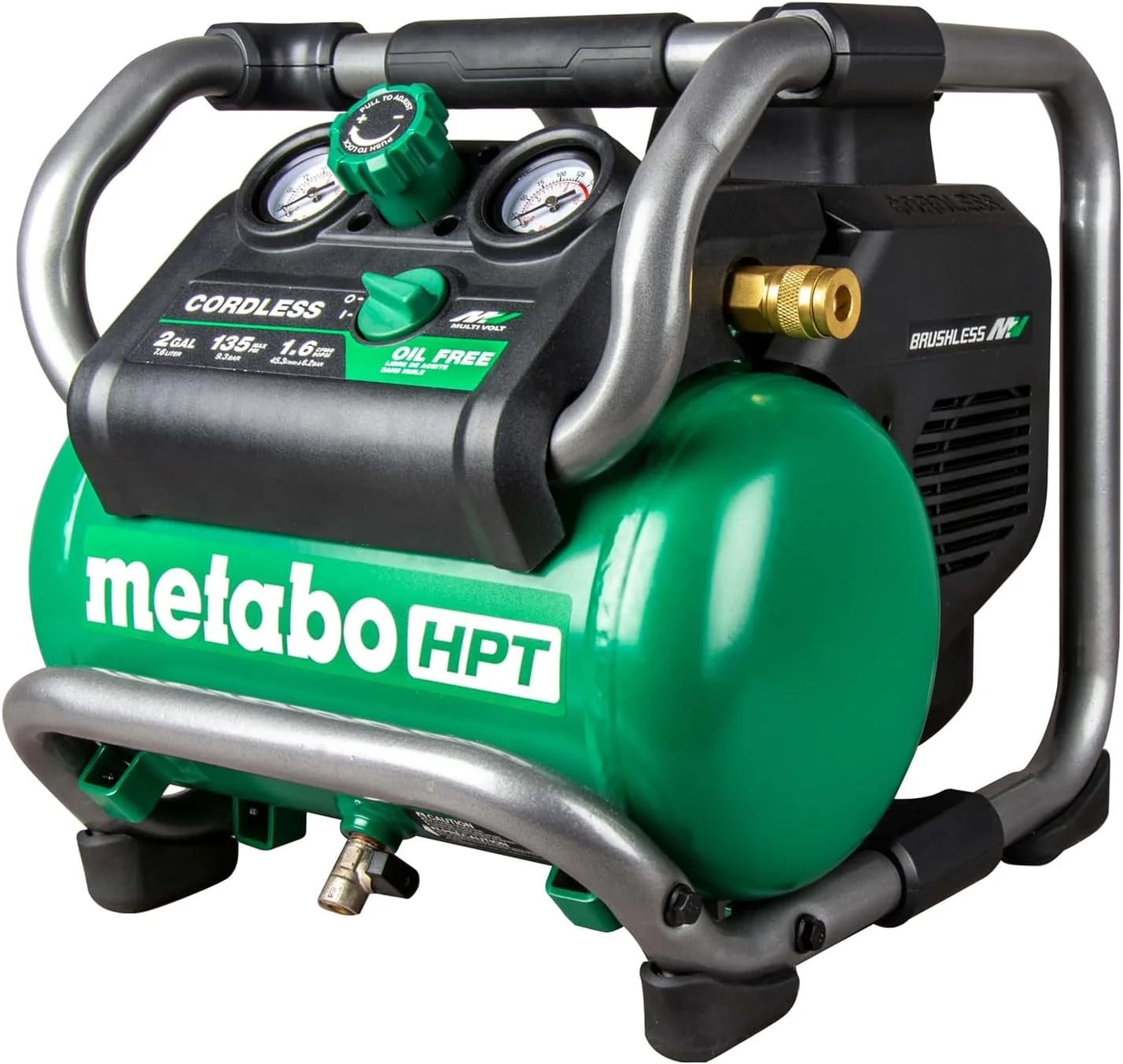 کمپرسور هوای شارژی 36 ولت MultiVolt متابو HPT | فقط ابزار، بدون باتری | موتور براشلس | حداکثر PSI 135 | ظرفیت 2 گالن | 27.3 پوند | آداپتور AC اختیاری | EC36DAQ4 سبز