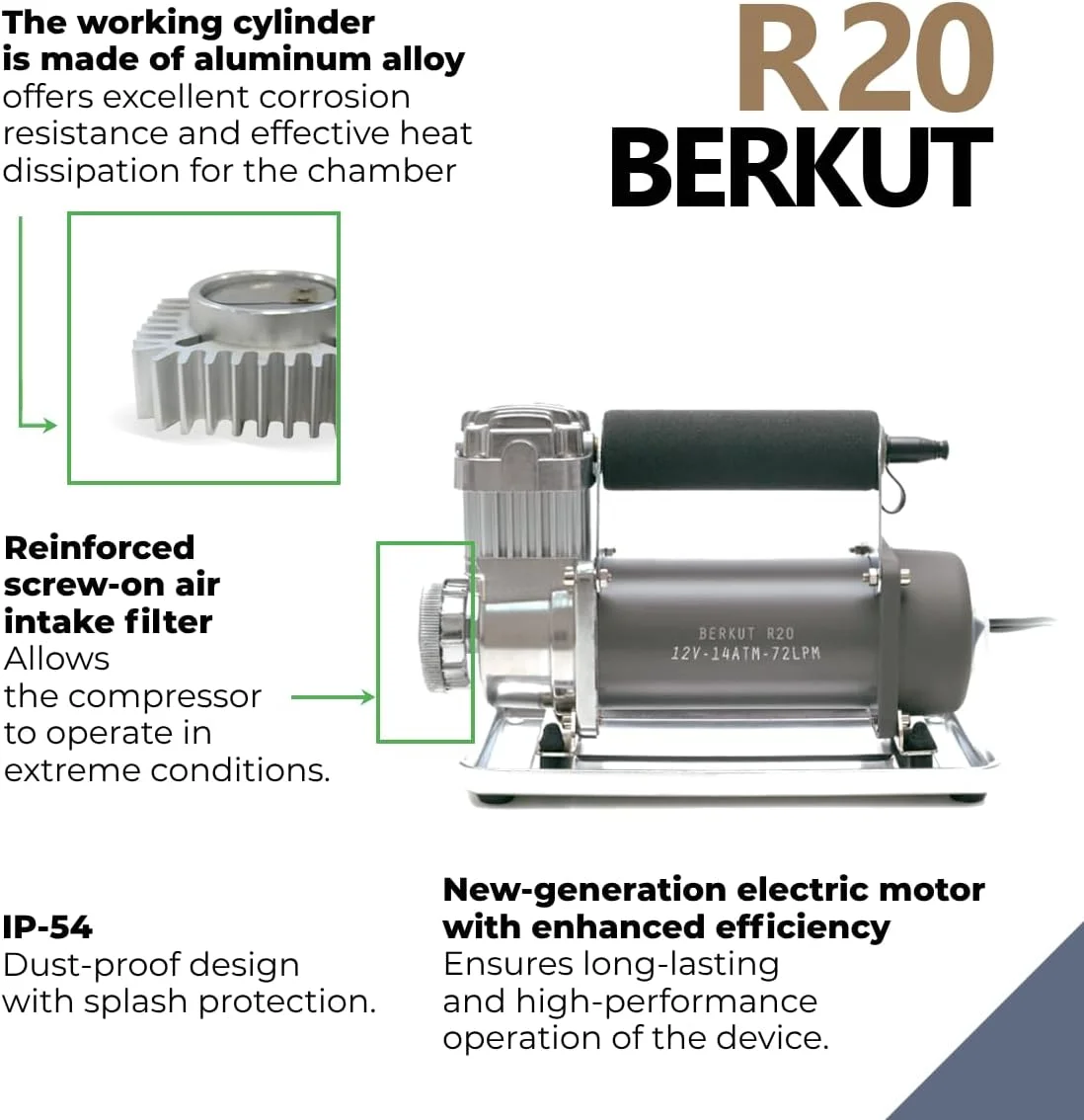 کمپرسور هوا خودرو BERKUT SPECIALIST R20 مناسب خودروهای 4x4 | تنظیم باد و باد کردن تایر با عملکرد بالا | لوازم جانبی ضروری خودرو برای شهر و خارج از جاده | 12 ولت DC