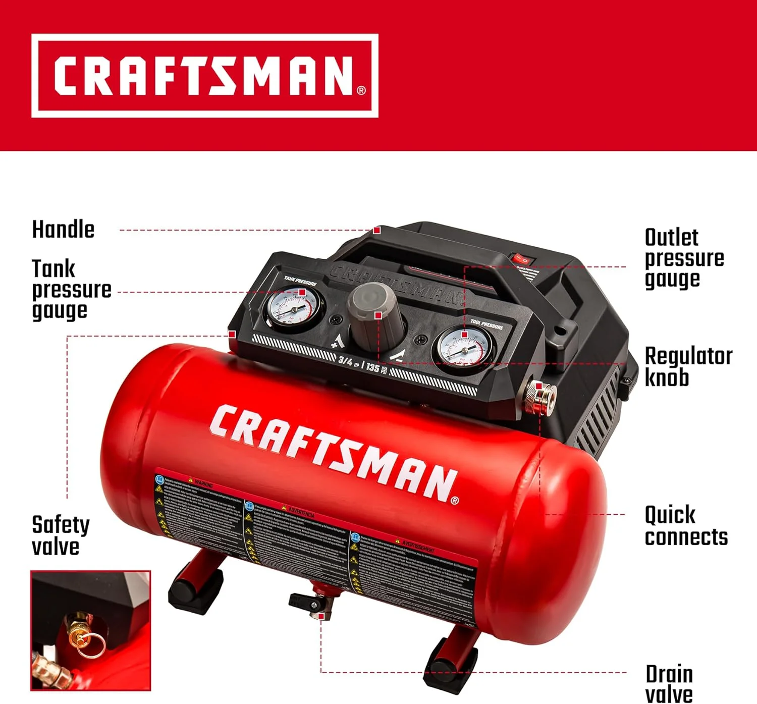 کمپرسور هوا کارآفرین، کمپرسور هوای قابل حمل 1.5 گالن 1.5 CFM@90psi و 2.2 CFM@40psi، 3/4 HP فشار 135 PSI مخزن کمپرسور بدون روغن، کمپرسور هوا با پر شدن سریع، CMXECXA0200141A
