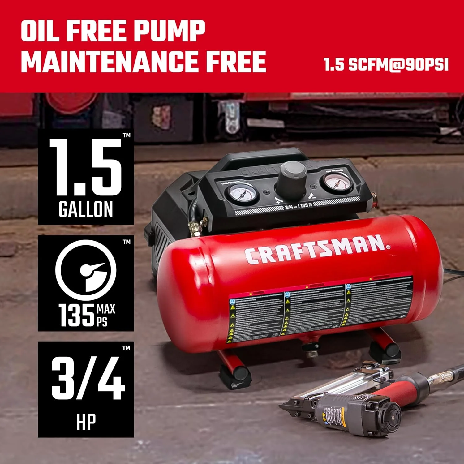 کمپرسور هوا کارآفرین، کمپرسور هوای قابل حمل 1.5 گالن 1.5 CFM@90psi و 2.2 CFM@40psi، 3/4 HP فشار 135 PSI مخزن کمپرسور بدون روغن، کمپرسور هوا با پر شدن سریع، CMXECXA0200141A