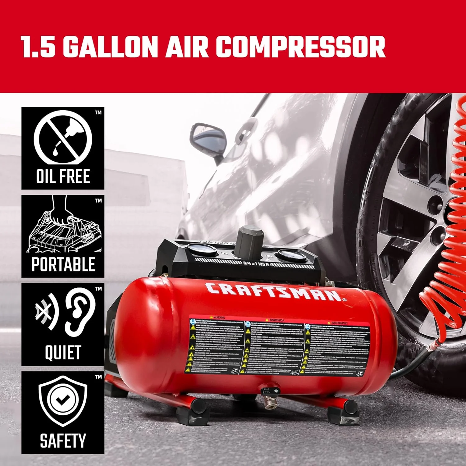 کمپرسور هوا کارآفرین، کمپرسور هوای قابل حمل 1.5 گالن 1.5 CFM@90psi و 2.2 CFM@40psi، 3/4 HP فشار 135 PSI مخزن کمپرسور بدون روغن، کمپرسور هوا با پر شدن سریع، CMXECXA0200141A