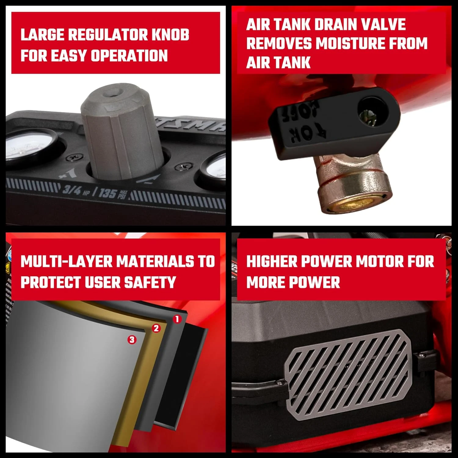 کمپرسور هوا کارآفرین، کمپرسور هوای قابل حمل 1.5 گالن 1.5 CFM@90psi و 2.2 CFM@40psi، 3/4 HP فشار 135 PSI مخزن کمپرسور بدون روغن، کمپرسور هوا با پر شدن سریع، CMXECXA0200141A