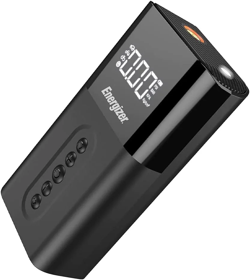 پمپ باد قابل حمل Energizer مدل PAC6003 با فشار 150PSI مناسب برای خودرو، دوچرخه، موتورسیکلت، توپ، دارای صفحه نمایش دیجیتال، قابلیت پاوربانک و چراغ LED اضطراری