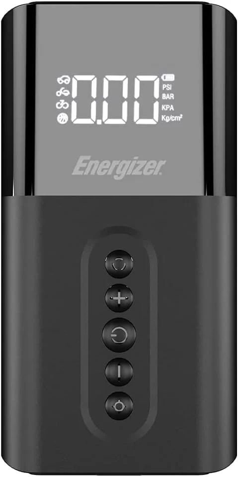 پمپ باد قابل حمل Energizer مدل PAC6003 با فشار 150PSI مناسب برای خودرو، دوچرخه، موتورسیکلت، توپ، دارای صفحه نمایش دیجیتال، قابلیت پاوربانک و چراغ LED اضطراری