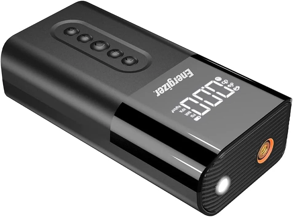 پمپ باد قابل حمل Energizer مدل PAC6003 با فشار 150PSI مناسب برای خودرو، دوچرخه، موتورسیکلت، توپ، دارای صفحه نمایش دیجیتال، قابلیت پاوربانک و چراغ LED اضطراری