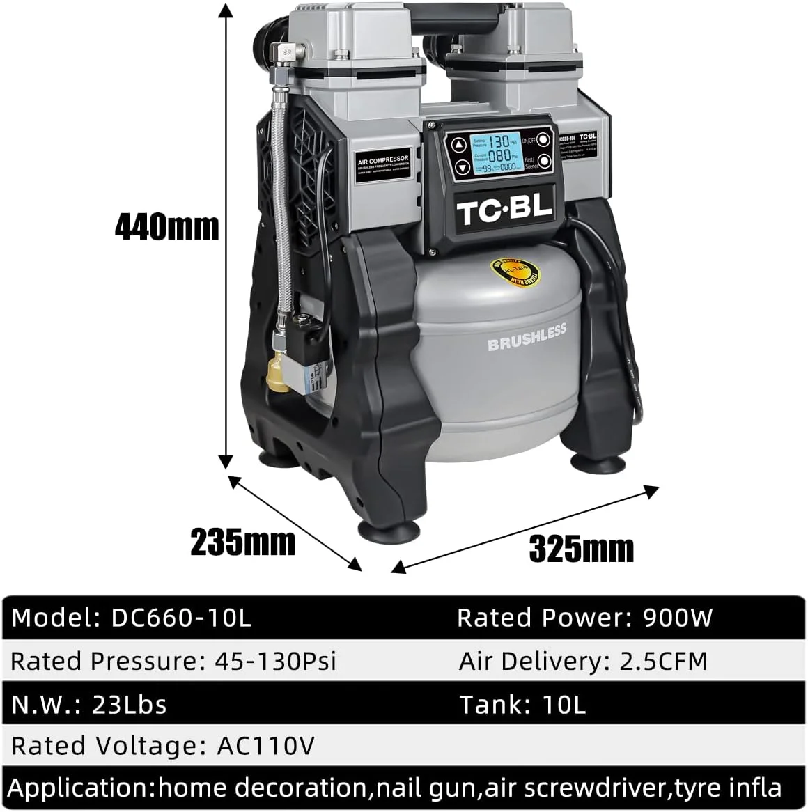 کمپرسور هوای بدون روغن TC·BL با توان 1.3 اسب بخار، فوق العاده بی صدا، سبک وزن و دارای مخزن آلومینیومی 2.6 گالنی