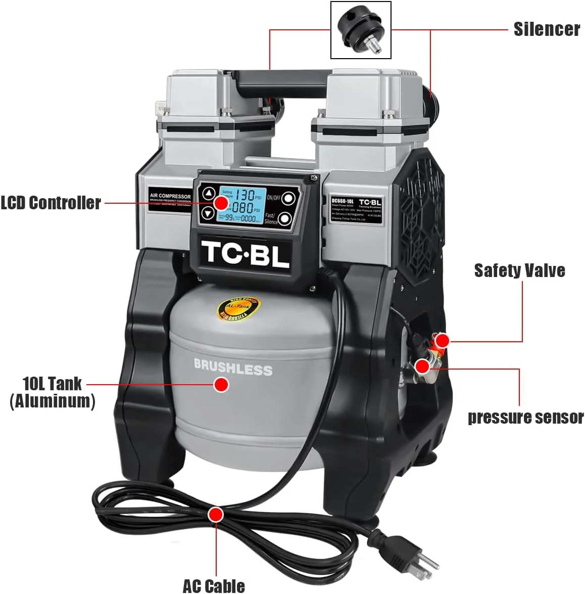 کمپرسور هوای بدون روغن TC·BL با توان 1.3 اسب بخار، فوق العاده بی صدا، سبک وزن و دارای مخزن آلومینیومی 2.6 گالنی