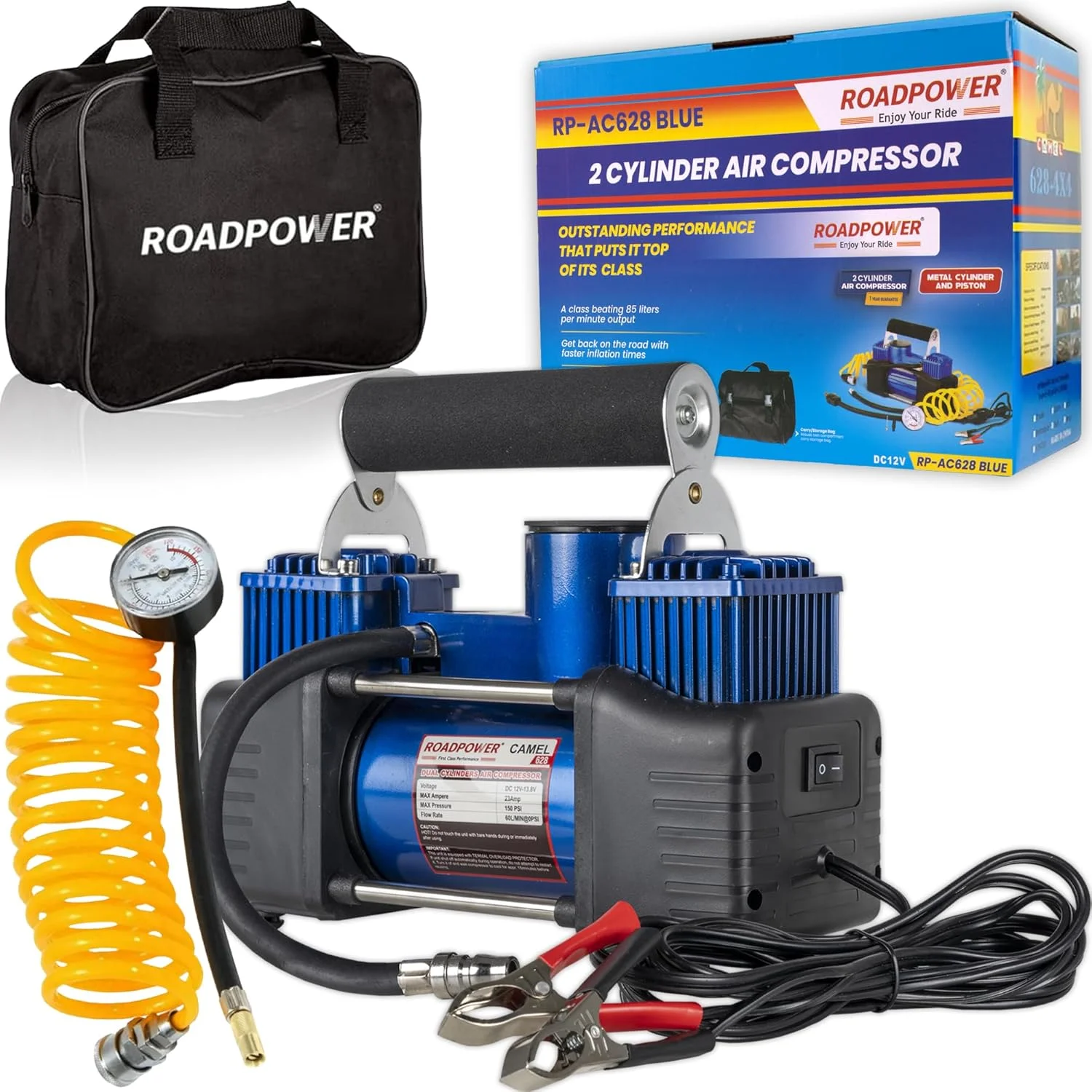 پمپ باد دو سیلندر قابل حمل ROADPOWER، پمپ باد فشرده 12 ولت برای لاستیک خودرو، پمپ لاستیک فلزی سنگین 150 PSI، مناسب برای شاسی بلند، آفرود، کامیون، دوچرخه، RP-AC628 (رنگ: آبی)