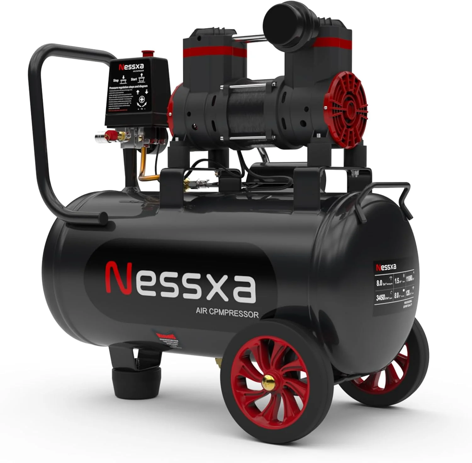 کمپرسور هوای فوق العاده بی صدا 8 گالن، 1.5 اسب بخار 4.52 CFM، حداکثر 115 PSI، مخزن کمپرسور هوای بدون روغن، 110 ولت/60 هرتز، 70 دسی بل کمپرسور هوا برای تعمیر خودرو