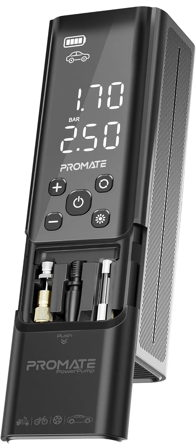 پمپ باد قابل حمل پرومیت، پمپ باد برقی جمع و جور 3 در 1 با پاوربانک داخلی 7500 میلی آمپر، 150PSI، چراغ قوه LED، TPMS یکپارچه، پورت USB-A، آداپتورهای جهانی دریچه تایر، PowerPump مشکی