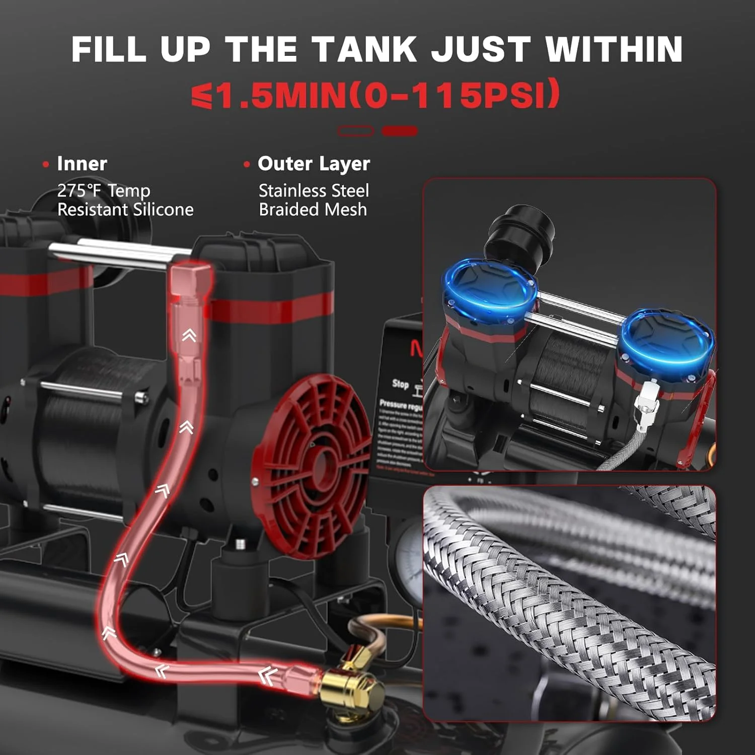 کمپرسور هوای فوق العاده بی صدا 8 گالن، 1.5 اسب بخار 4.52 CFM، حداکثر 115 PSI، مخزن کمپرسور هوای بدون روغن، 110 ولت/60 هرتز، 70 دسی بل کمپرسور هوا برای تعمیر خودرو