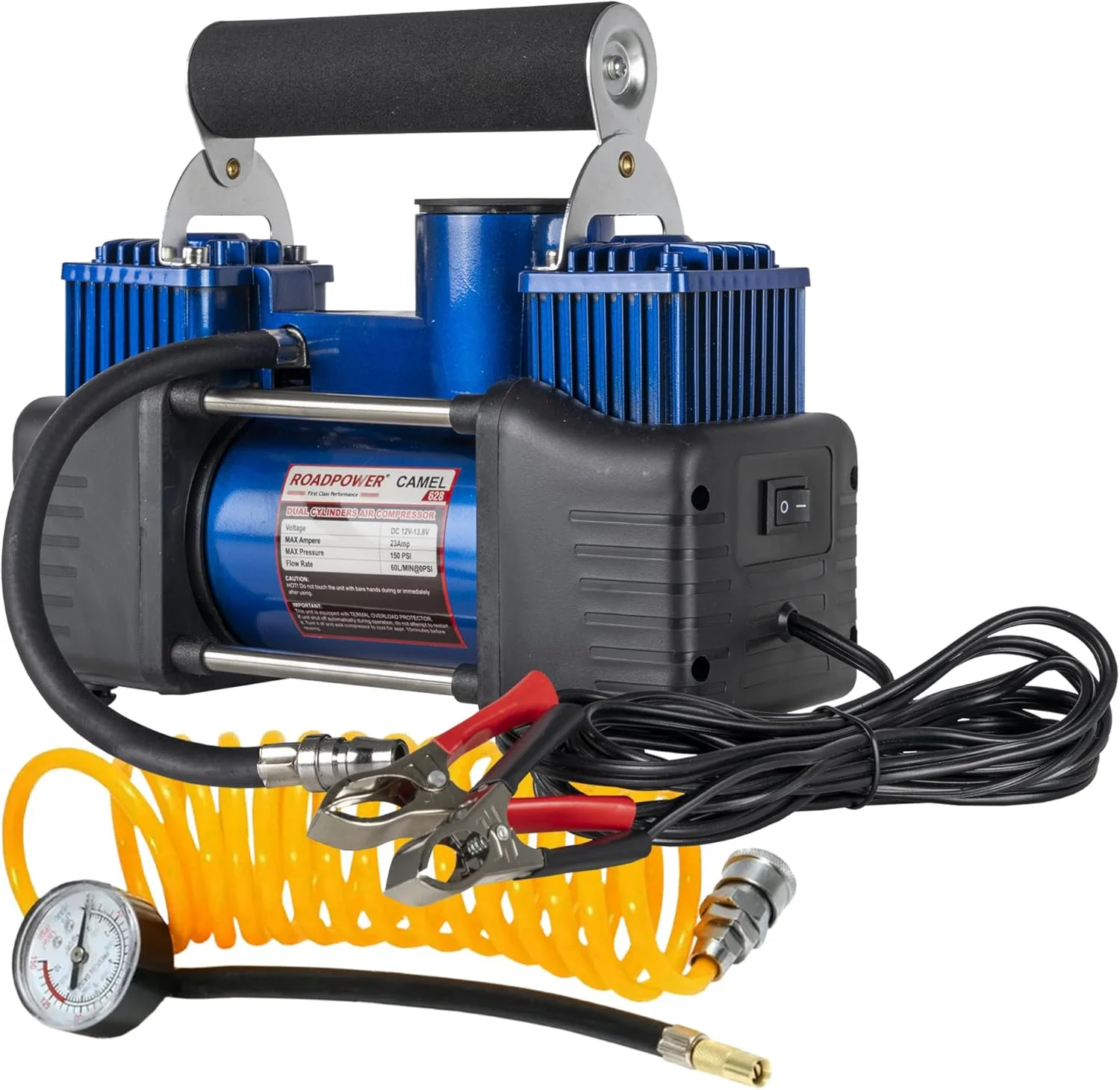 پمپ باد دو سیلندر قابل حمل ROADPOWER، پمپ باد فشرده 12 ولت برای لاستیک خودرو، پمپ لاستیک فلزی سنگین 150 PSI، مناسب برای شاسی بلند، آفرود، کامیون، دوچرخه، RP-AC628 (رنگ: آبی)