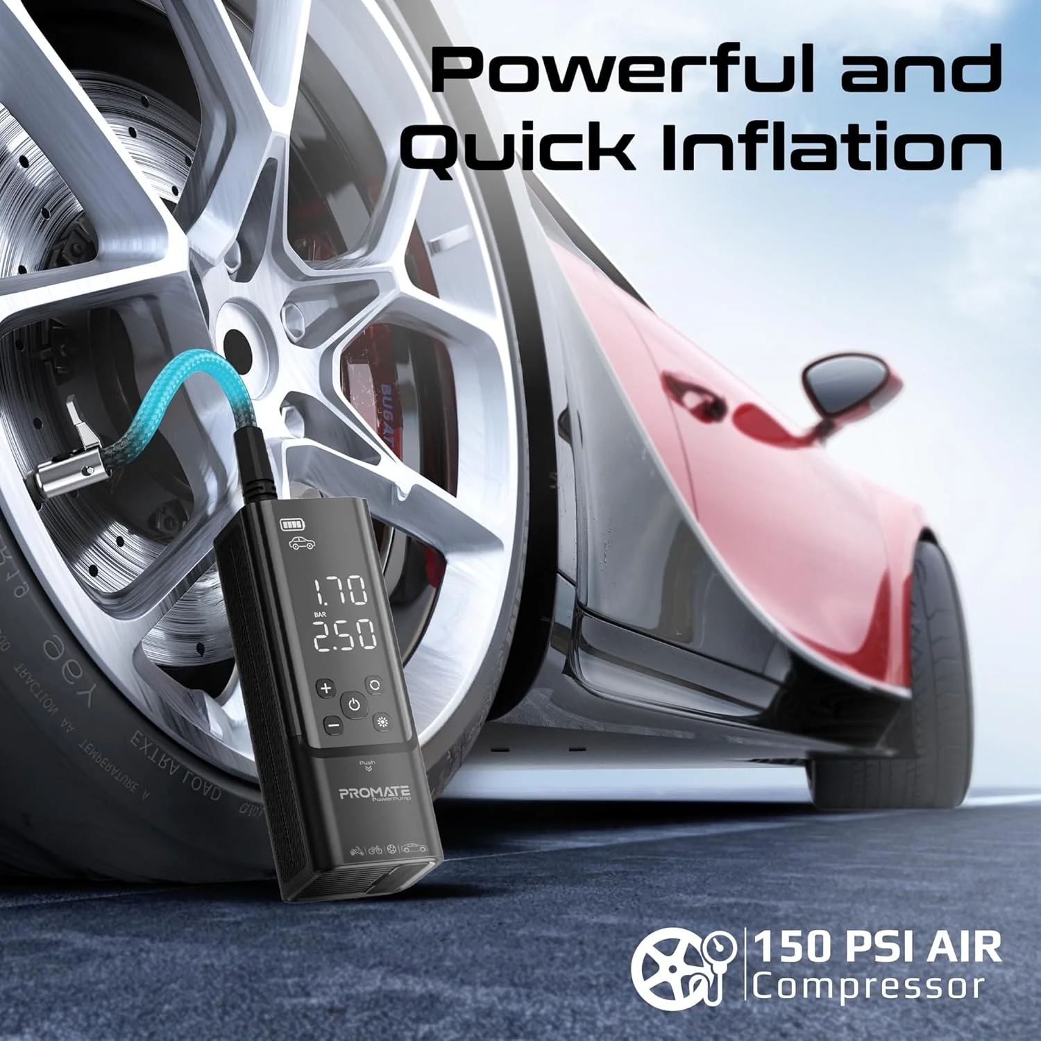 پمپ باد قابل حمل پرومیت، پمپ باد برقی جمع و جور 3 در 1 با پاوربانک داخلی 7500 میلی آمپر، 150PSI، چراغ قوه LED، TPMS یکپارچه، پورت USB-A، آداپتورهای جهانی دریچه تایر، PowerPump مشکی پمپ باد قابل حمل پرومیت، پمپ باد برقی جمع و جور 3 در 1 با پاوربانک داخلی 7500 میلی آمپر، 150PSI، چراغ قوه LED، TPMS یکپارچه، پورت USB-A، آداپتورهای جهانی دریچه تایر، PowerPump مشکی