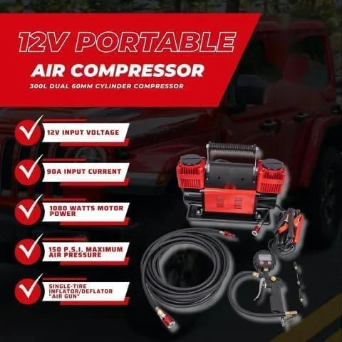 کمپرسور هوای قابل حمل 2 سیلندر با کیف حمل، 320 لیتر در دقیقه، ساختار فلزی سنگین کمپرسور هوای قابل حمل 2 سیلندر با کیف حمل، 320 لیتر در دقیقه، ساختار فلزی سنگین