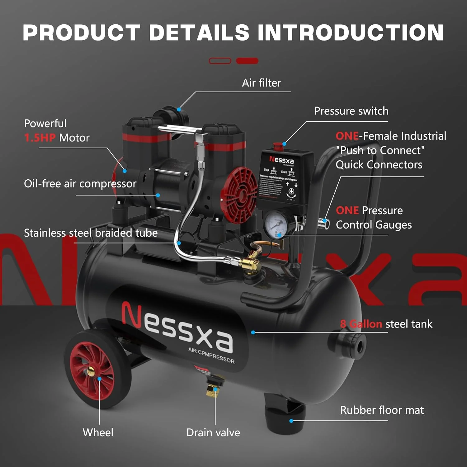 کمپرسور هوای فوق العاده بی صدا 8 گالن، 1.5 اسب بخار 4.52 CFM، حداکثر 115 PSI، مخزن کمپرسور هوای بدون روغن، 110 ولت/60 هرتز، 70 دسی بل کمپرسور هوا برای تعمیر خودرو