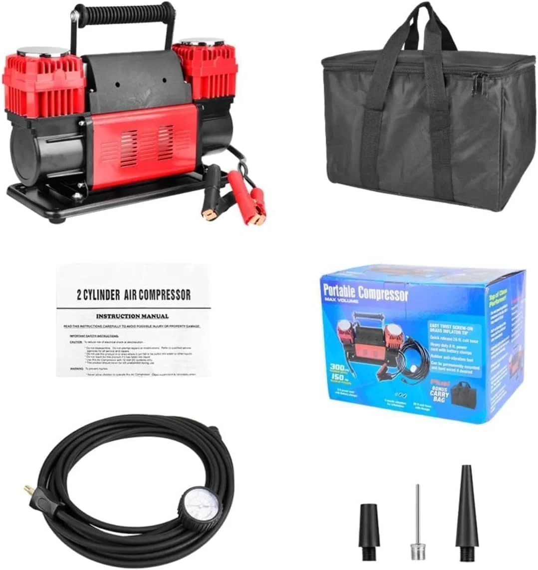 کمپرسور هوای قابل حمل 2 سیلندر با کیف حمل، 320 لیتر در دقیقه، ساختار فلزی سنگین کمپرسور هوای قابل حمل 2 سیلندر با کیف حمل، 320 لیتر در دقیقه، ساختار فلزی سنگین