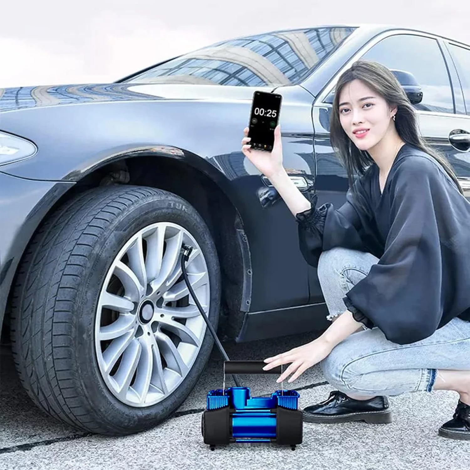 پمپ باد دو سیلندر قابل حمل ROADPOWER، پمپ باد فشرده 12 ولت برای لاستیک خودرو، پمپ لاستیک فلزی سنگین 150 PSI، مناسب برای شاسی بلند، آفرود، کامیون، دوچرخه، RP-AC628 (رنگ: آبی)