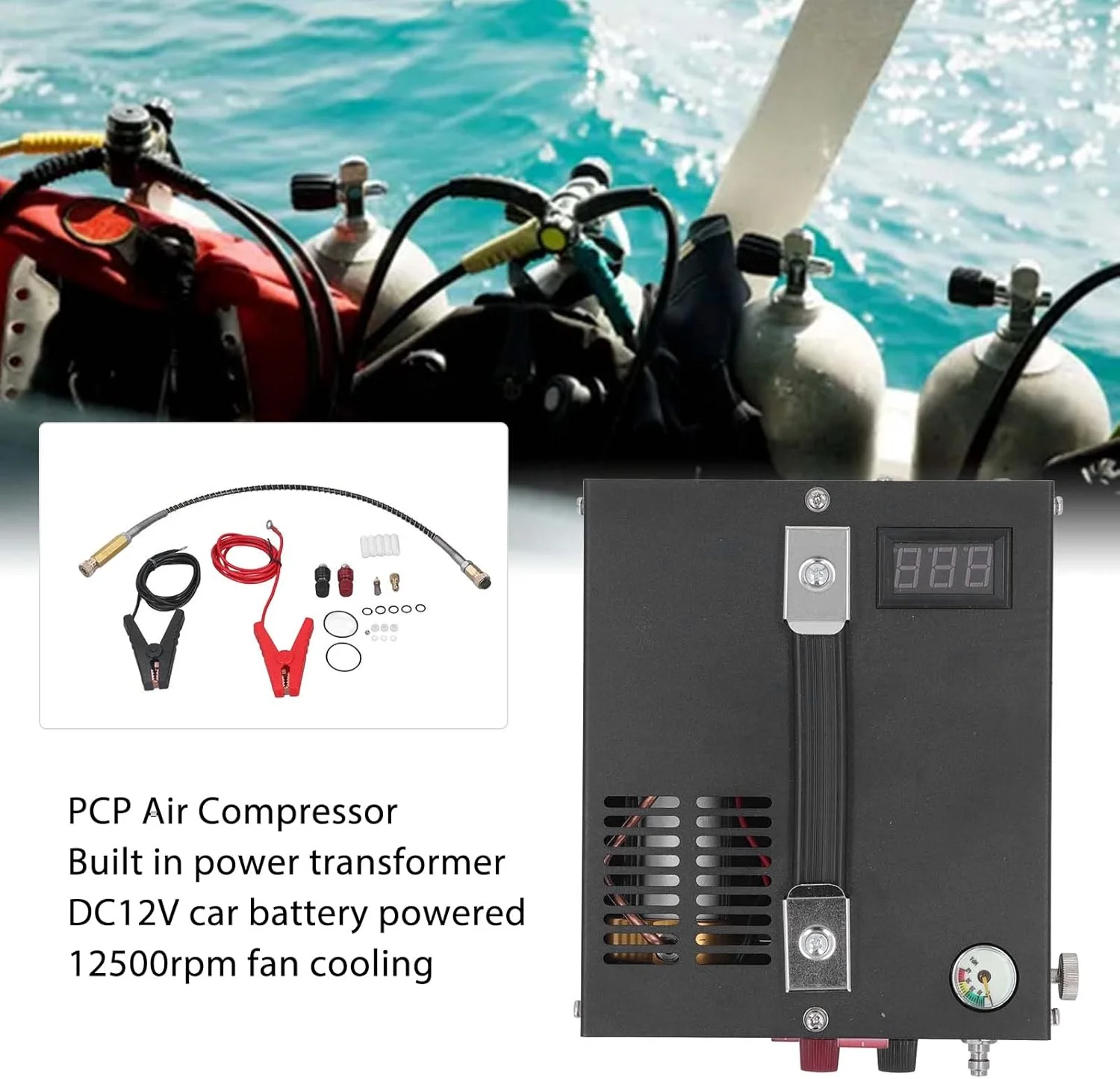 کمپرسور هوای PCP، پمپ کمپرسور هوای فشار قوی DC12V 4500Psi، خنک کننده روغن، آب و فن، کمپرسور غواصی برقی با اتصالات 8 میلی متری، فیلتر برای تفنگ های بادی PCP