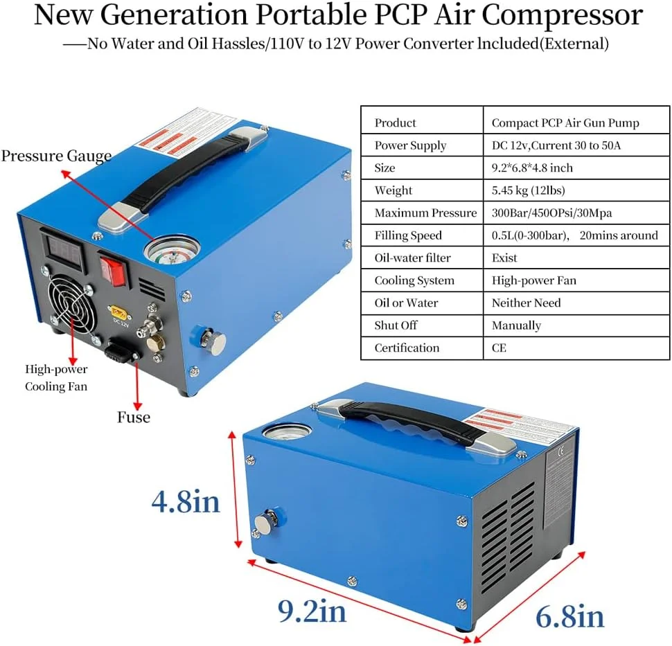کمپرسور فشار قوی 4500PSI با بارومتر، پمپ کمپرسور PCP قابل حمل هوشمند، پمپ باد خودرو مناسب فضای باز DOOMUN