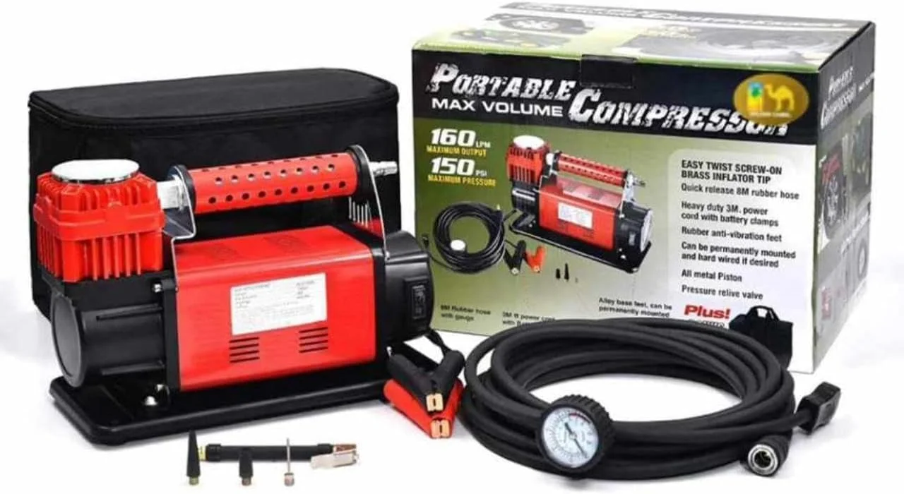 کمپرسور هوای قابل حمل، حداکثر فشار 150 PSI، با شیلنگ لاستیکی با رهاسازی سریع و فشارسنج، قرمز