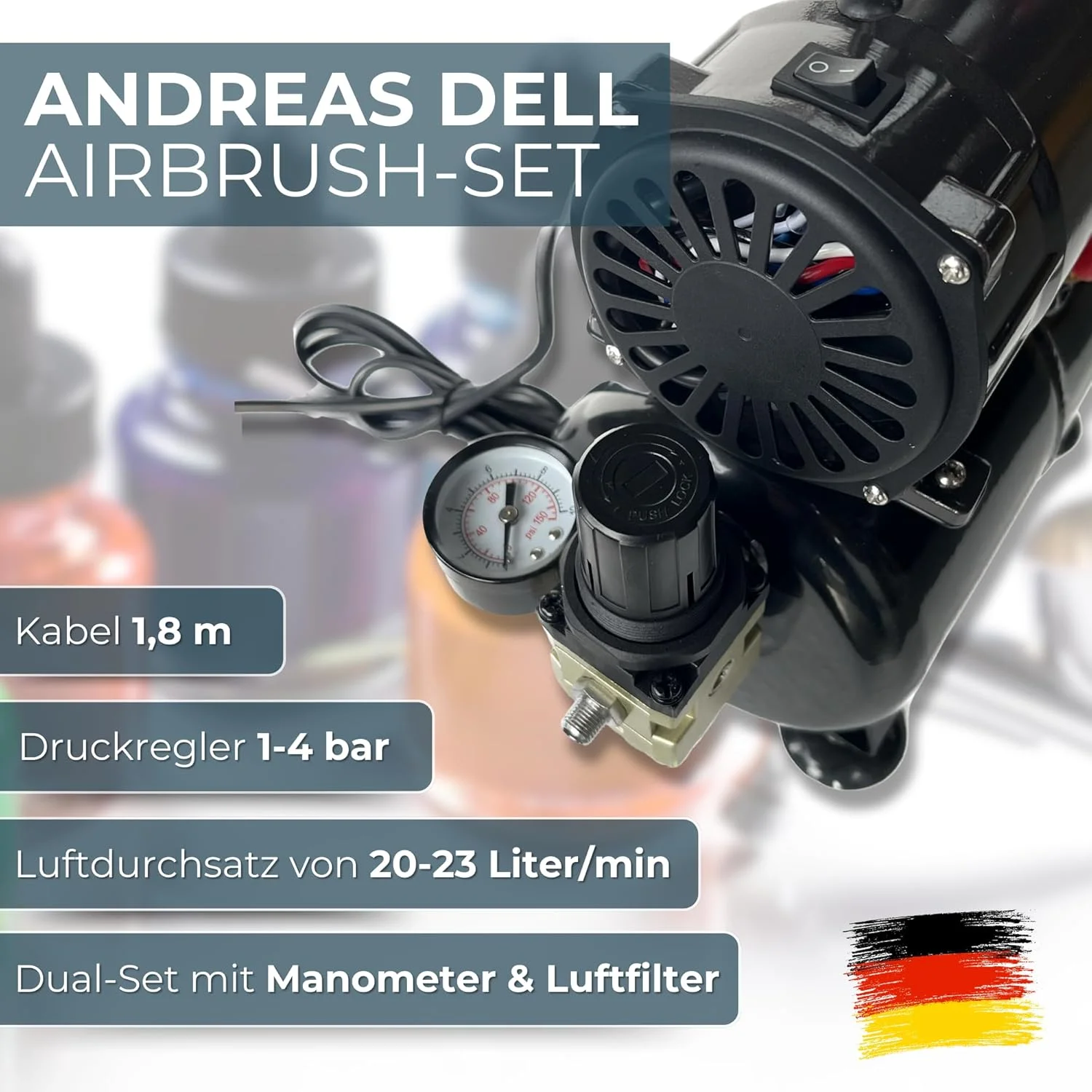 کمپرسور ایربراش AD286 بدون روغن با مخزن هوا / جریان هوای قدرتمند و فشار هوا / مخزن فشار / 4 بار / توقف خودکار