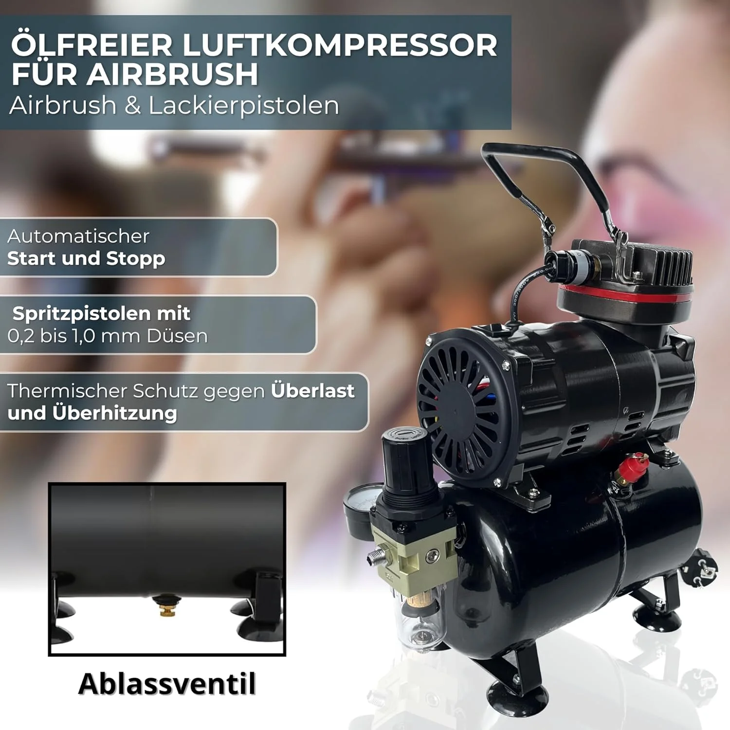 کمپرسور ایربراش AD286 بدون روغن با مخزن هوا / جریان هوای قدرتمند و فشار هوا / مخزن فشار / 4 بار / توقف خودکار