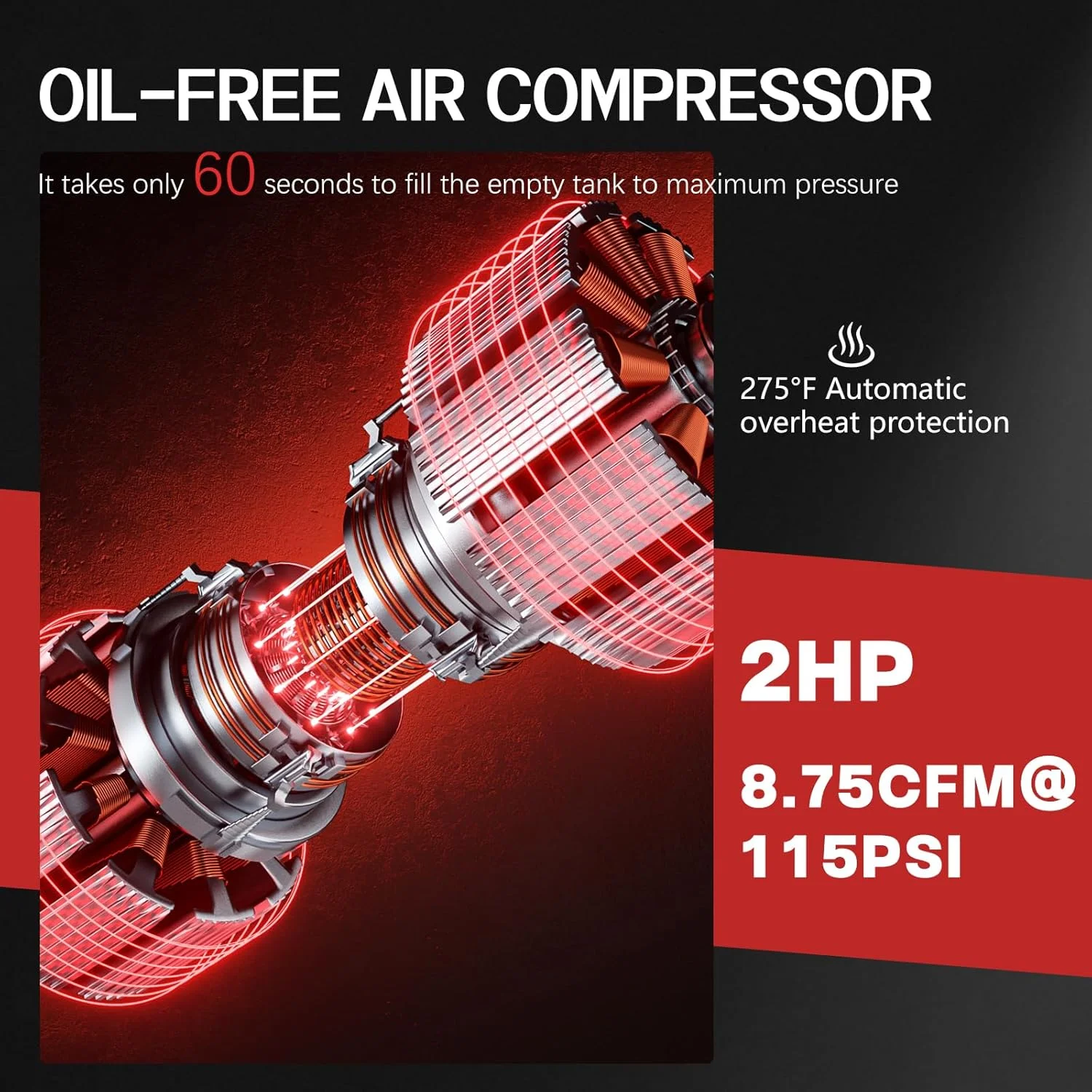 کمپرسور هوای فوق العاده بی صدا 53 لیتری با دو اتصال سریع، 2 اسب بخار 8.75 CFM، حداکثر فشار 115 PSI، مخزن کمپرسور هوای بدون روغن، کمپرسور بی صدا 70dB برای تعمیر خودرو، باد کردن تایر