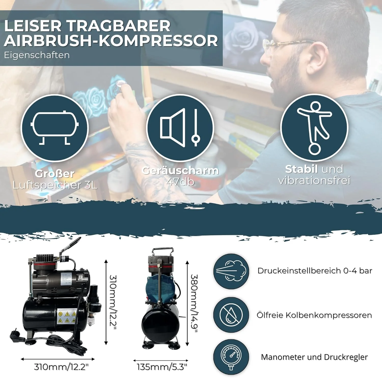 کمپرسور ایربراش AD286 بدون روغن با مخزن هوا / جریان هوای قدرتمند و فشار هوا / مخزن فشار / 4 بار / توقف خودکار