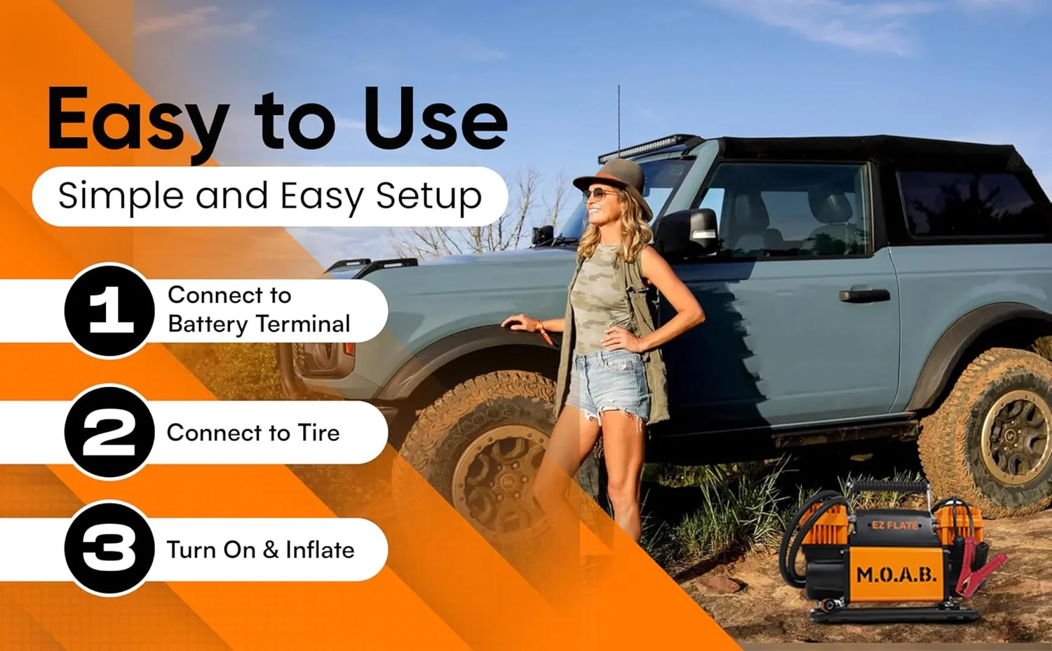 کمپرسور هوای دو سیلندر قابل حمل ۱۲ ولت EZ FLATE M.O.A.B با ظرفیت 10.6 CFM | شلنگ هوا | فوق العاده مقاوم (M.O.A.B.)