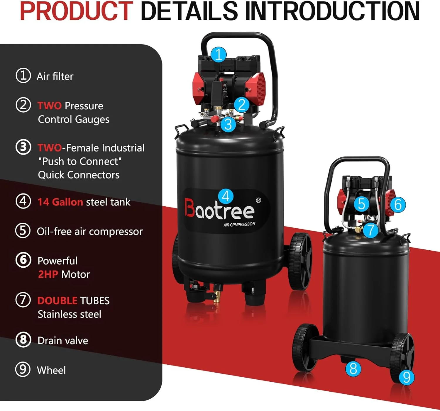 کمپرسور هوای فوق العاده بی صدا 53 لیتری با دو اتصال سریع، 2 اسب بخار 8.75 CFM، حداکثر فشار 115 PSI، مخزن کمپرسور هوای بدون روغن، کمپرسور بی صدا 70dB برای تعمیر خودرو، باد کردن تایر