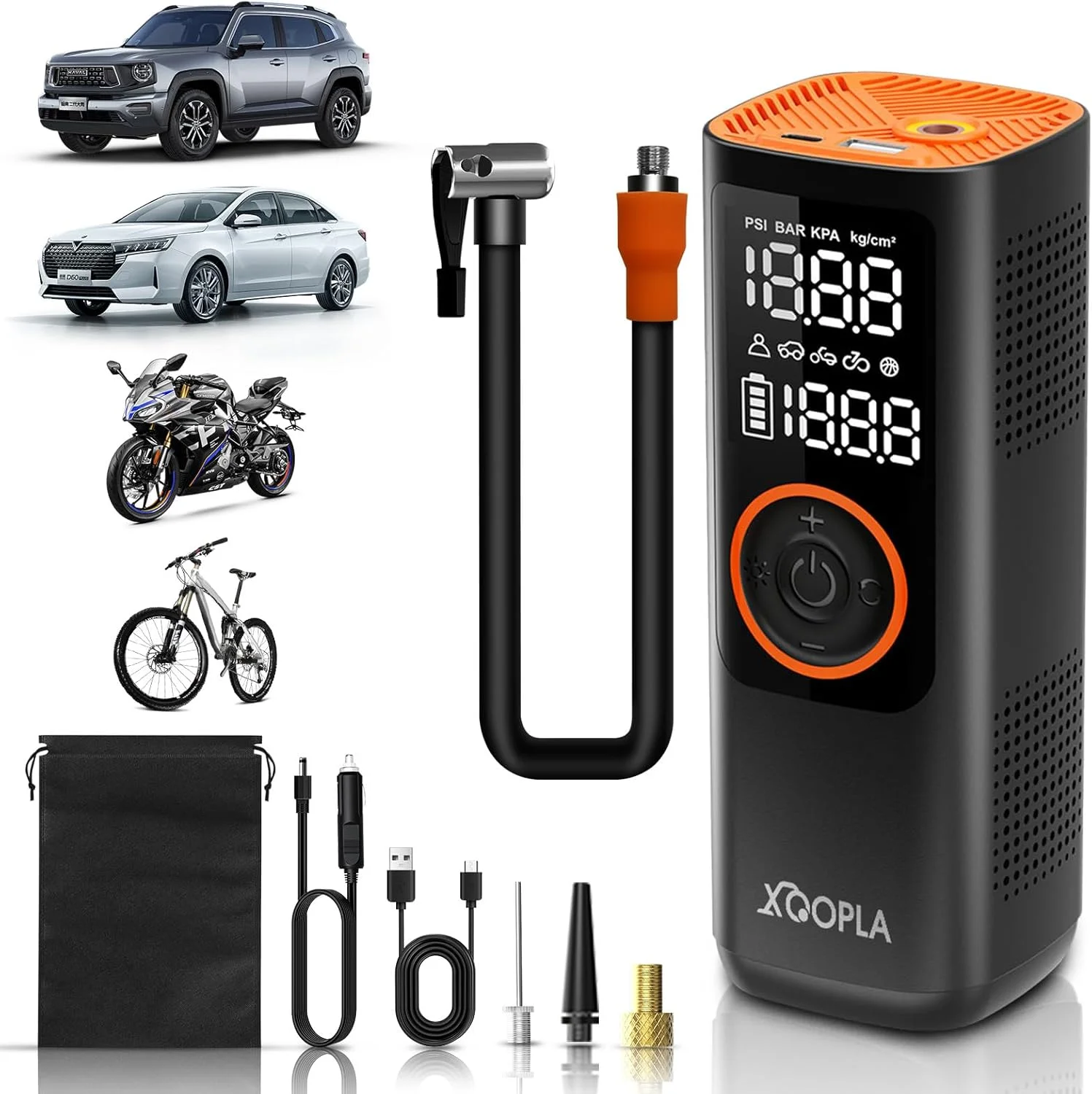 پمپ باد قابل حمل خودرو Xoopla، کمپرسور هوا 150PSI، باتری 7500mAh با نمایشگر LCD دیجیتال، 5 حالت پمپ برقی برای توپ، موتور سیکلت و دوچرخه