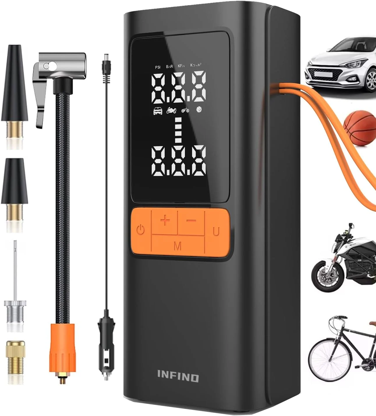 کمپرسور باد شارژی بی سیم اینفینو با کابل شارژ خودرو، نمایشگر دیجیتال، خاموش شدن خودکار، باتری 6000 میلی آمپر، چراغ LED، پمپ باد قابل حمل برای خودرو، دوچرخه، موتورسیکلت، توپ