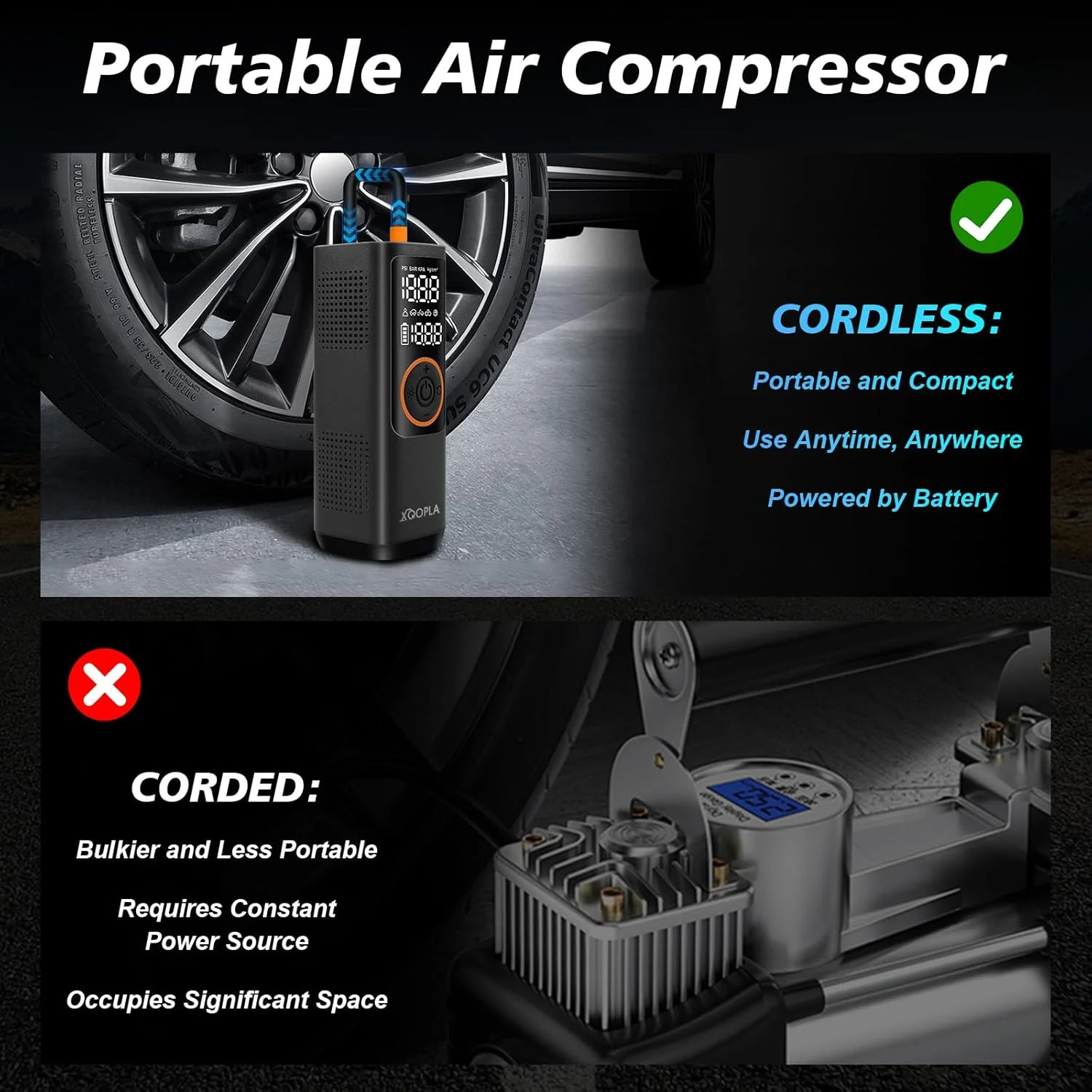 پمپ باد قابل حمل خودرو Xoopla، کمپرسور هوا 150PSI، باتری 7500mAh با نمایشگر LCD دیجیتال، 5 حالت پمپ برقی برای توپ، موتور سیکلت و دوچرخه
