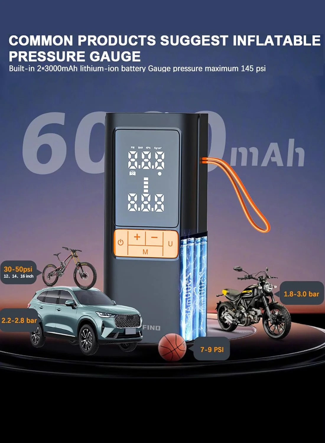 کمپرسور باد شارژی بی سیم اینفینو با کابل شارژ خودرو، نمایشگر دیجیتال، خاموش شدن خودکار، باتری 6000 میلی آمپر، چراغ LED، پمپ باد قابل حمل برای خودرو، دوچرخه، موتورسیکلت، توپ کمپرسور باد شارژی بی سیم اینفینو با کابل شارژ خودرو، نمایشگر دیجیتال، خاموش شدن خودکار، باتری 6000 میلی آمپر، چراغ LED، پمپ باد قابل حمل برای خودرو، دوچرخه، موتورسیکلت، توپ