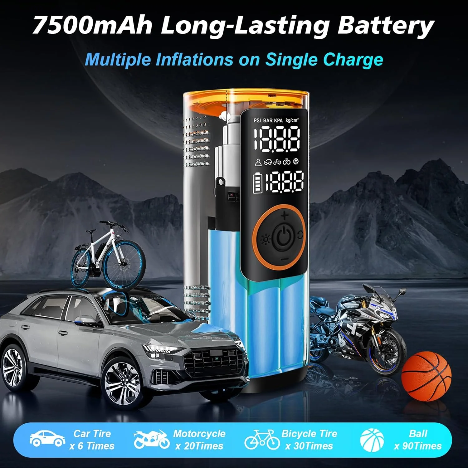 پمپ باد قابل حمل خودرو Xoopla، کمپرسور هوا 150PSI، باتری 7500mAh با نمایشگر LCD دیجیتال، 5 حالت پمپ برقی برای توپ، موتور سیکلت و دوچرخه