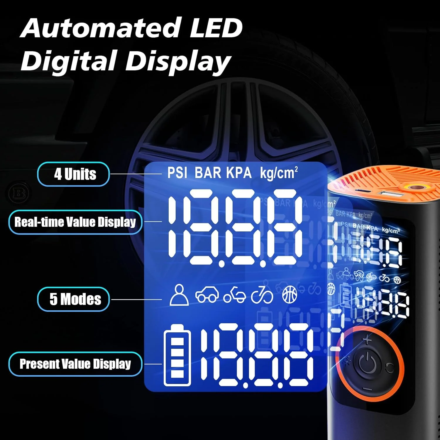 پمپ باد قابل حمل خودرو Xoopla، کمپرسور هوا 150PSI، باتری 7500mAh با نمایشگر LCD دیجیتال، 5 حالت پمپ برقی برای توپ، موتور سیکلت و دوچرخه