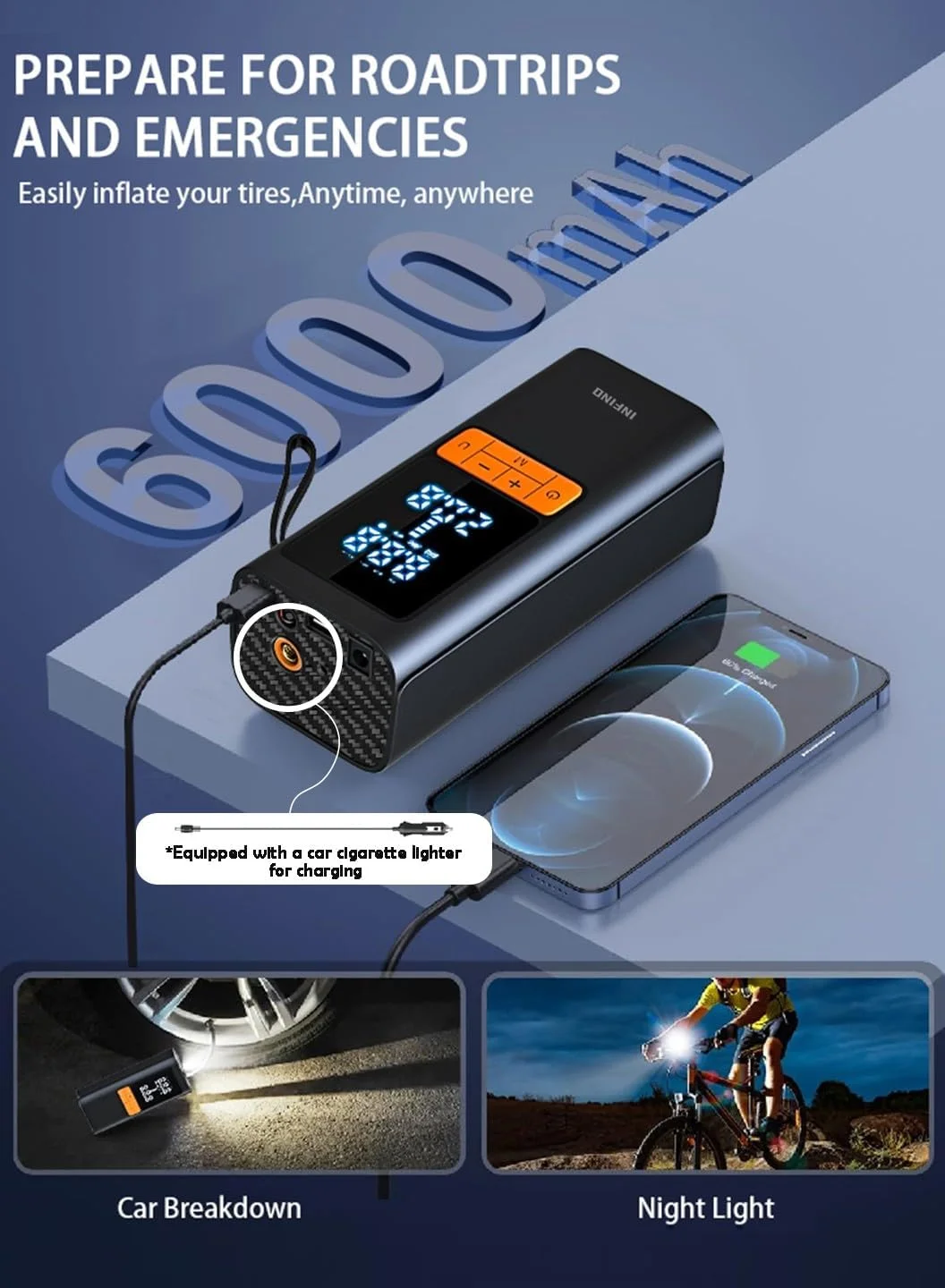 کمپرسور باد شارژی بی سیم اینفینو با کابل شارژ خودرو، نمایشگر دیجیتال، خاموش شدن خودکار، باتری 6000 میلی آمپر، چراغ LED، پمپ باد قابل حمل برای خودرو، دوچرخه، موتورسیکلت، توپ کمپرسور باد شارژی بی سیم اینفینو با کابل شارژ خودرو، نمایشگر دیجیتال، خاموش شدن خودکار، باتری 6000 میلی آمپر، چراغ LED، پمپ باد قابل حمل برای خودرو، دوچرخه، موتورسیکلت، توپ