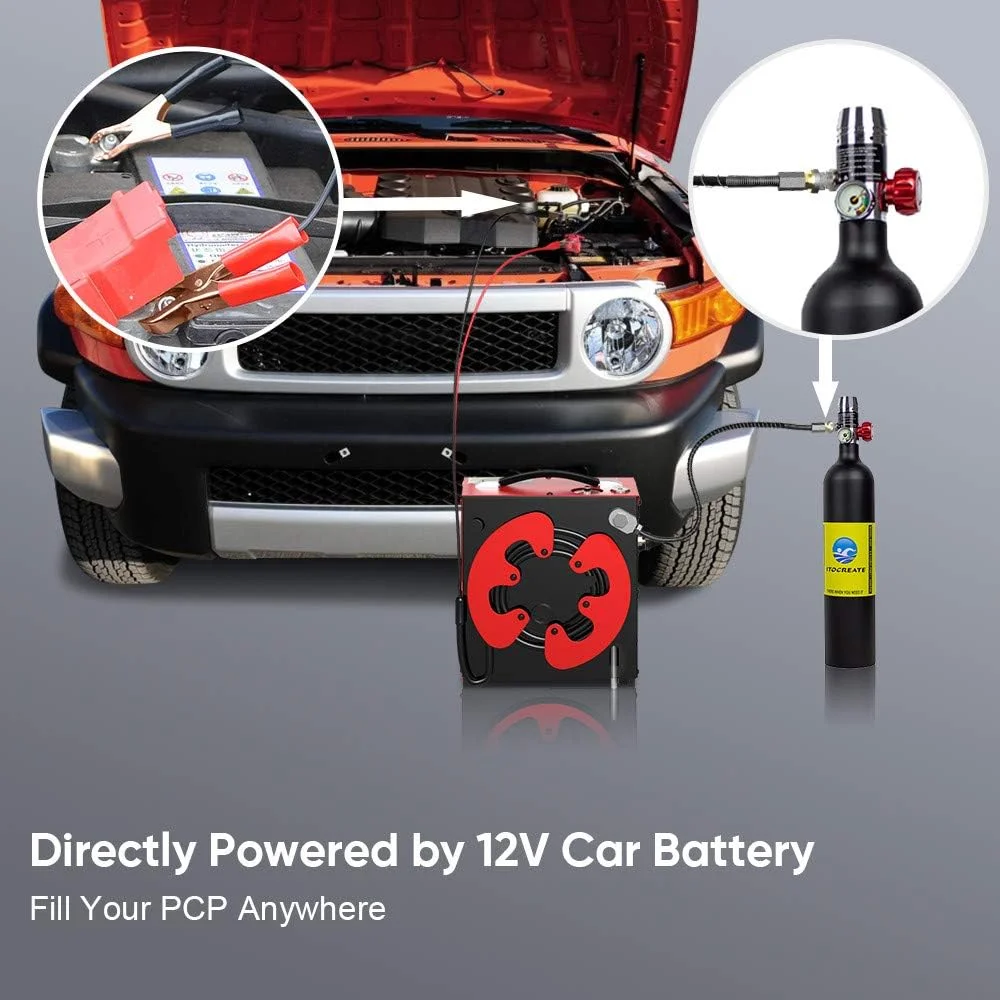 کمپرسور هوای پی سی پی GX PUMP CS3، توقف خودکار، بدون روغن، دارای فیلتر جداکننده آب و روغن داخلی، تغذیه از طریق برق 12 ولت DC خودرو یا برق 220 ولت-240 ولت AC (موجود)، 4500Psi/30Mpa، پمپ کمپرسور تانک پینت بال/غواصی