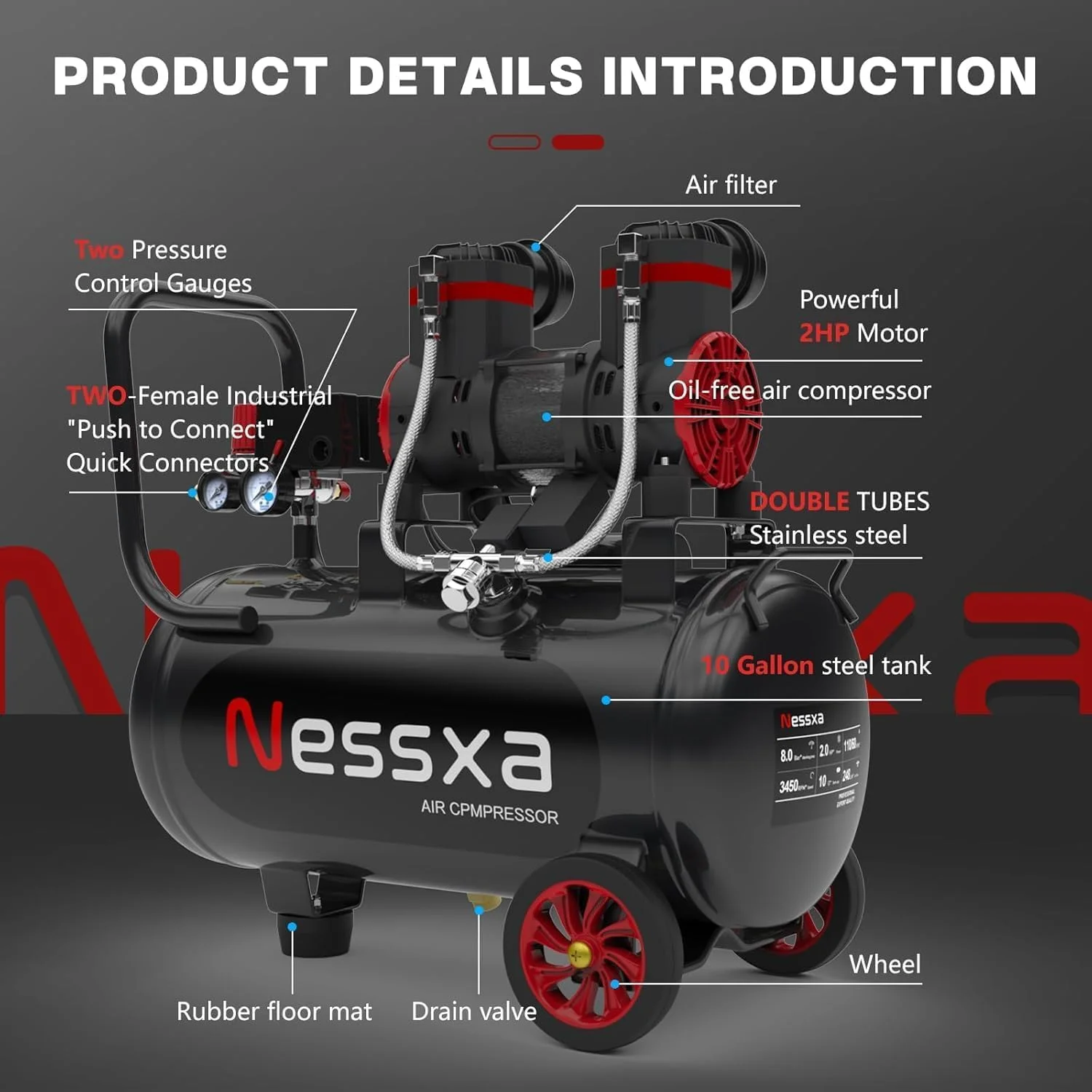 کمپرسور هوای فوق العاده بی صدا 10 گالن با دو اتصال سریع، 2 اسب بخار 8.76 CFM در فشار 115PSI، مخزن کمپرسور هوای بدون روغن، کمپرسور بی صدا 70dB برای تعمیر خودرو، باد کردن تایر 110V/60hz